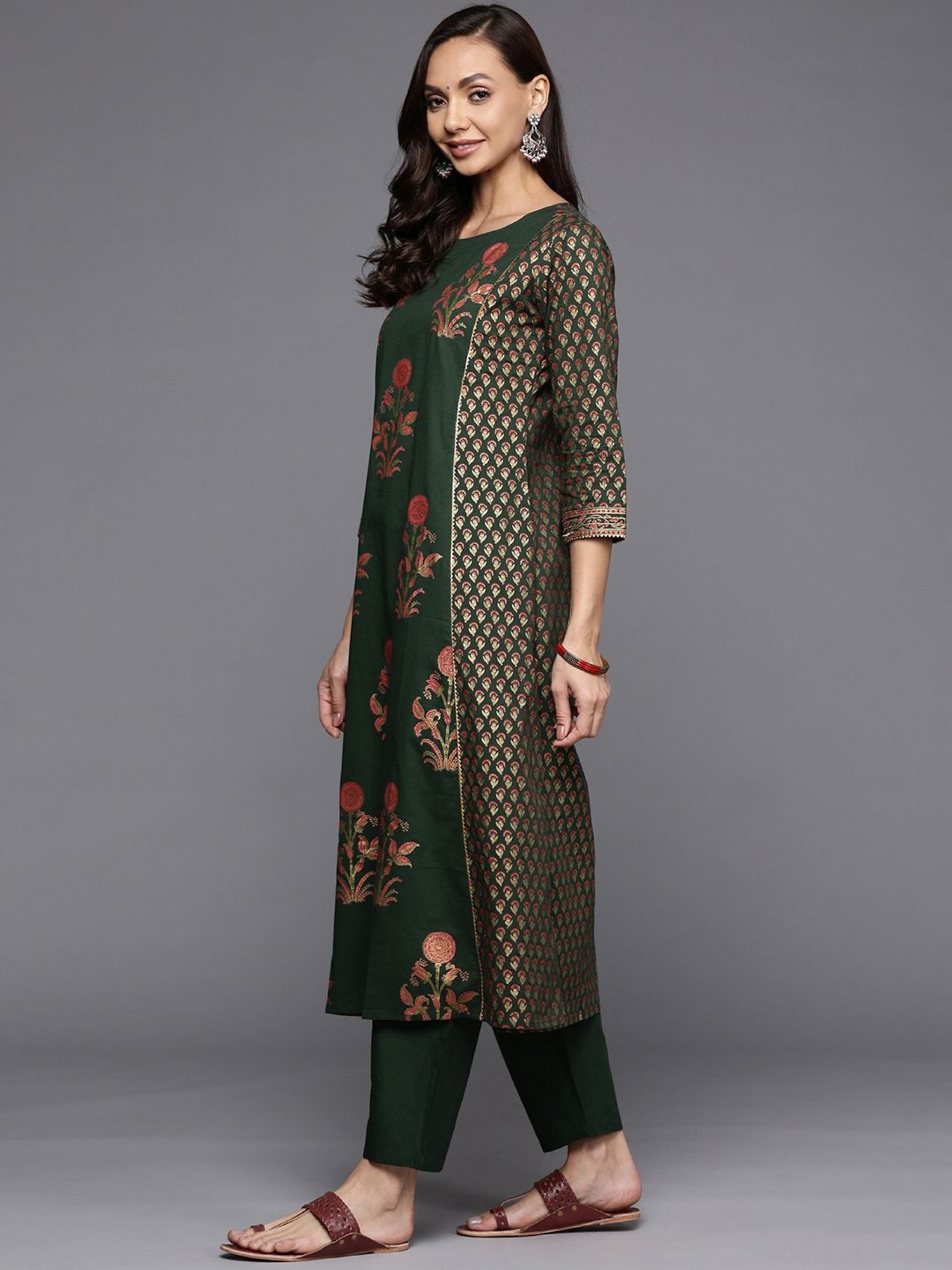 Indo Era Green Printed Kurta Pant Set With Dupatta