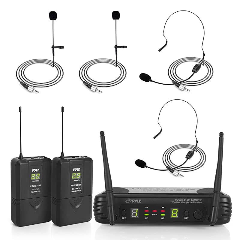 2 Channel Wireless Microphone System Portable UHF Digital Audio Mic Set with 2 Headset 2 Lavalier lapel 2 Transmitter &frac14; cable power adapter For Karaoke PA DJ PDWM3400
