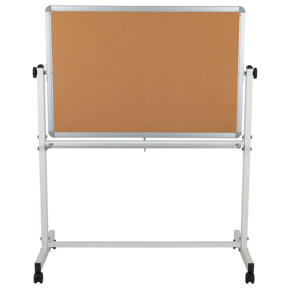 HERCULES Series 45.25"W x 54.75"H Reversible Mobile Cork Bulletin Board and White Board with Pen Tray