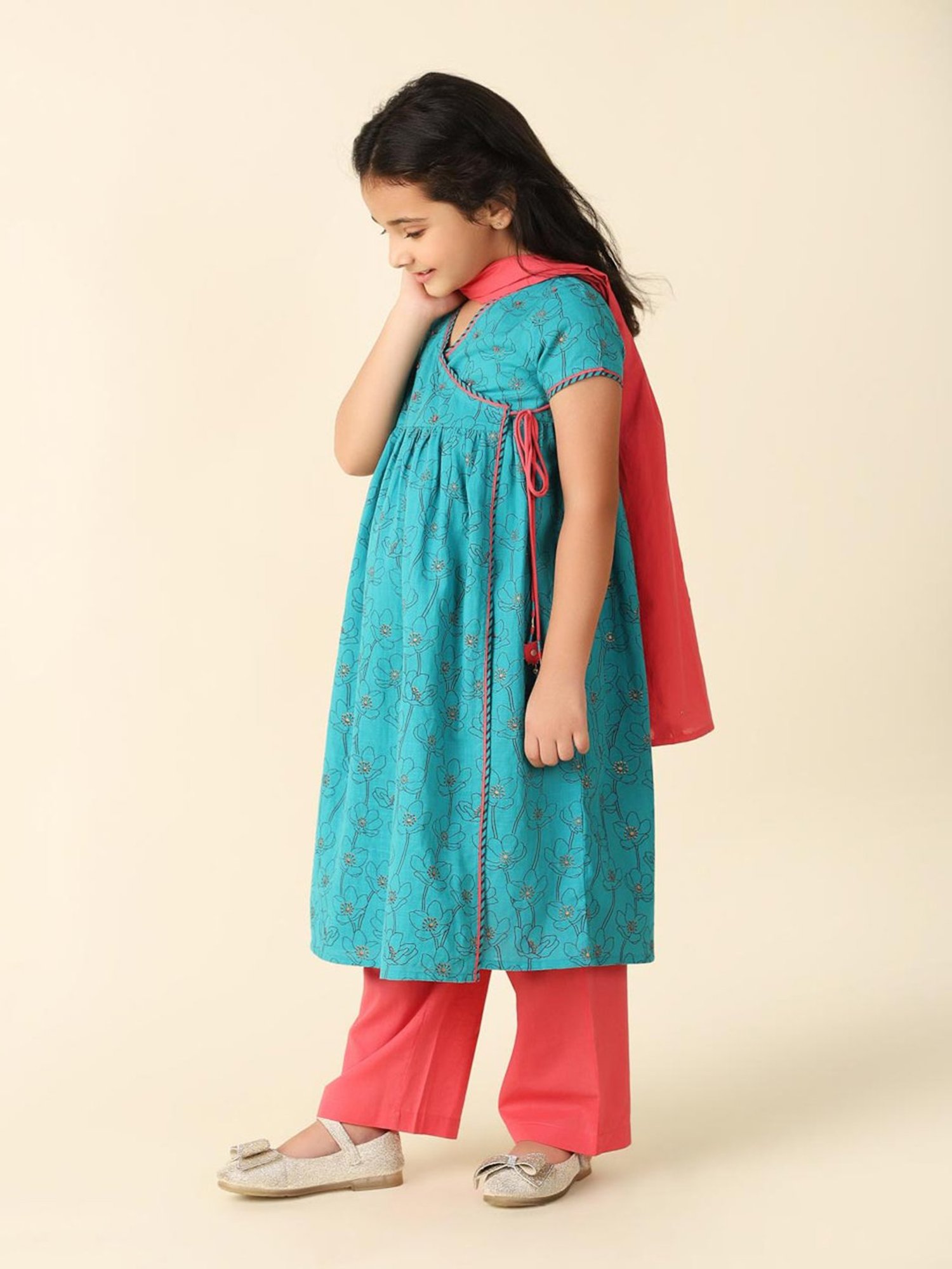 Fabindia Kids Blue & Coral Floral Print Kurta, Salwar with Dupatta