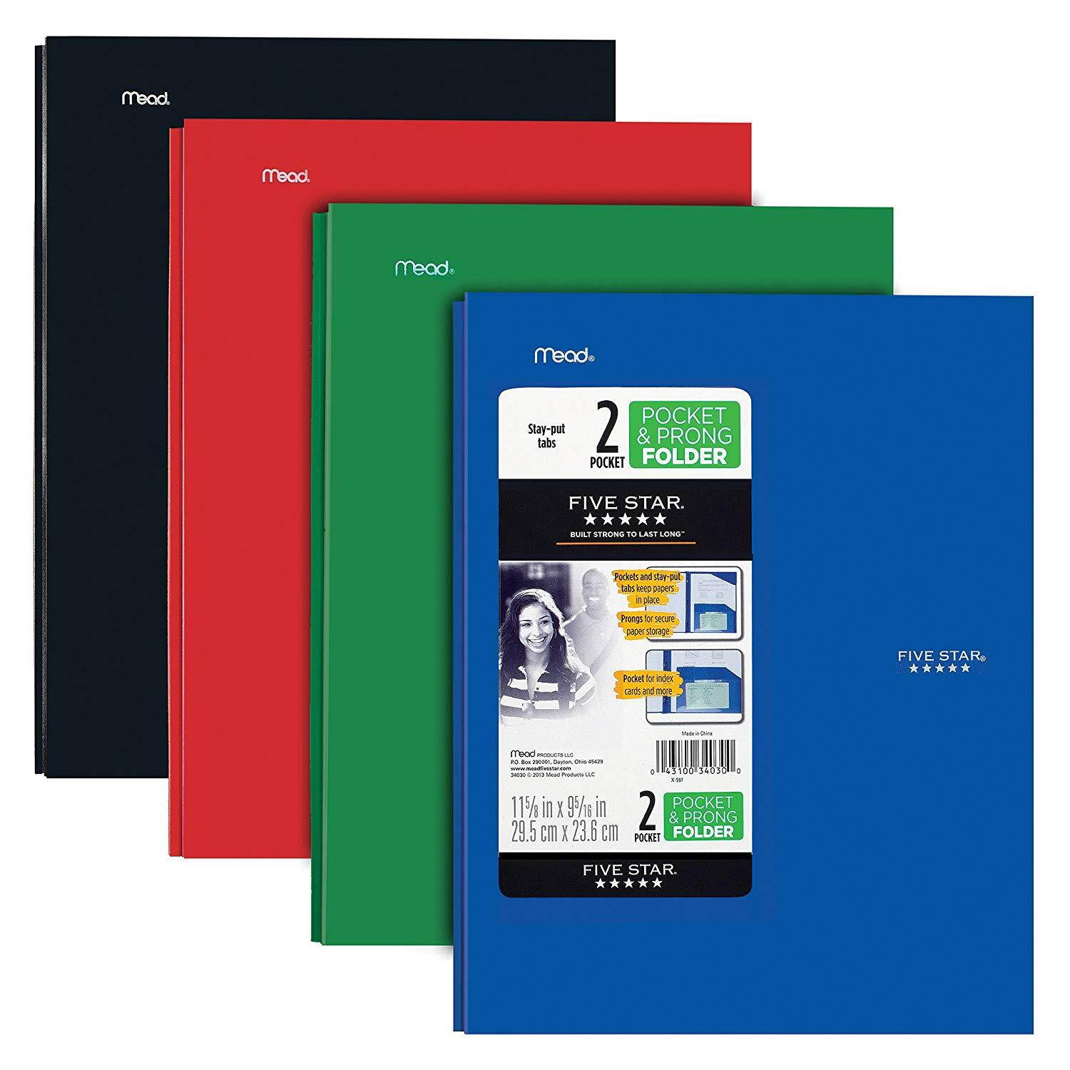 Five Star 2 Pocket Folders with Prong Fasteners, Stay-Put Folder, Folders with Pockets, Assorted Colors, 4 Pack (38064)