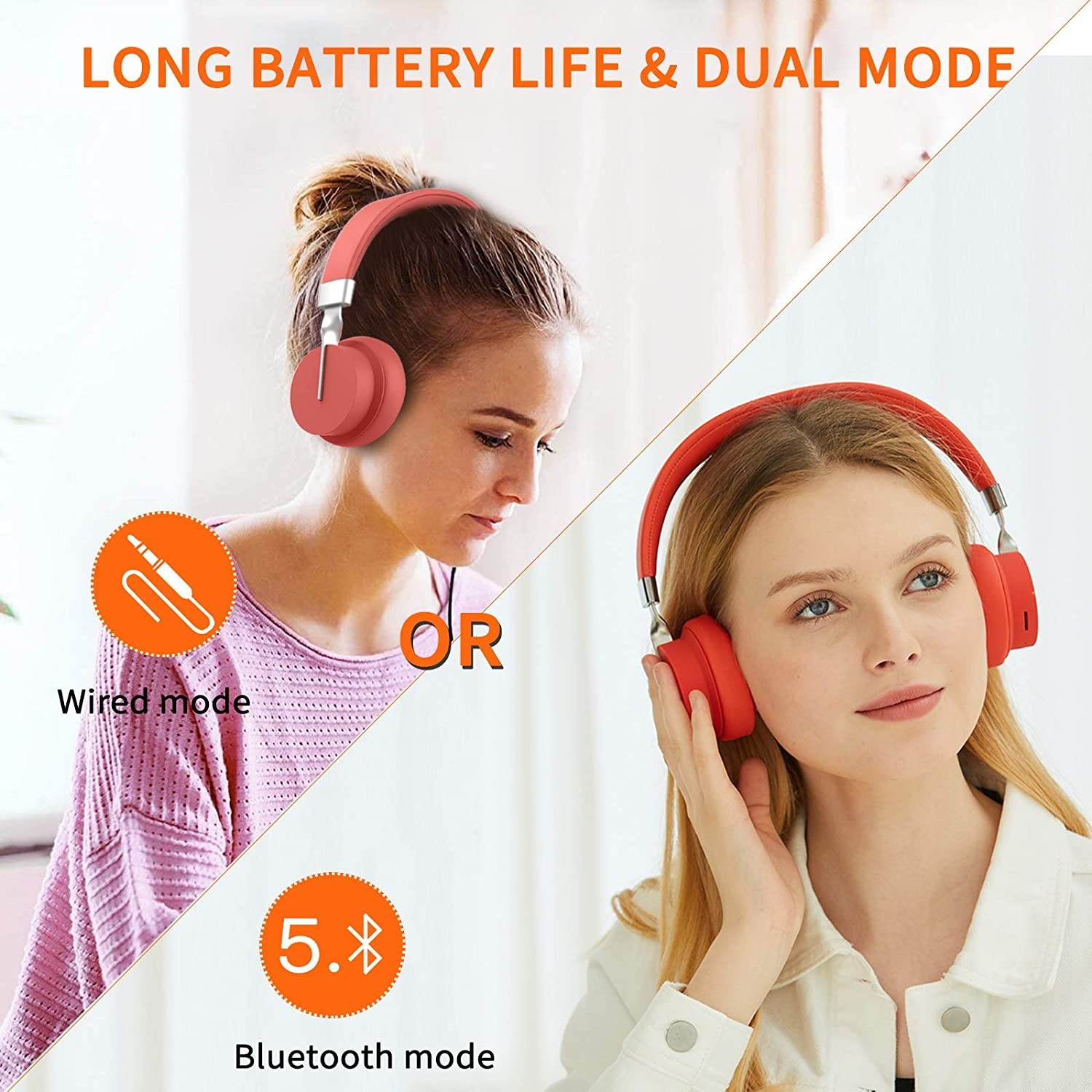 Fingertime P3 Wireless Headset On-Ear Headset 15H Playtime Hi-Fi Stereo Wireless Headsets Deep Bass Wired/Wireless Bluetooth Headphones Bluetooth 5.0 Wireless Headphones Built-in Mic (Red)