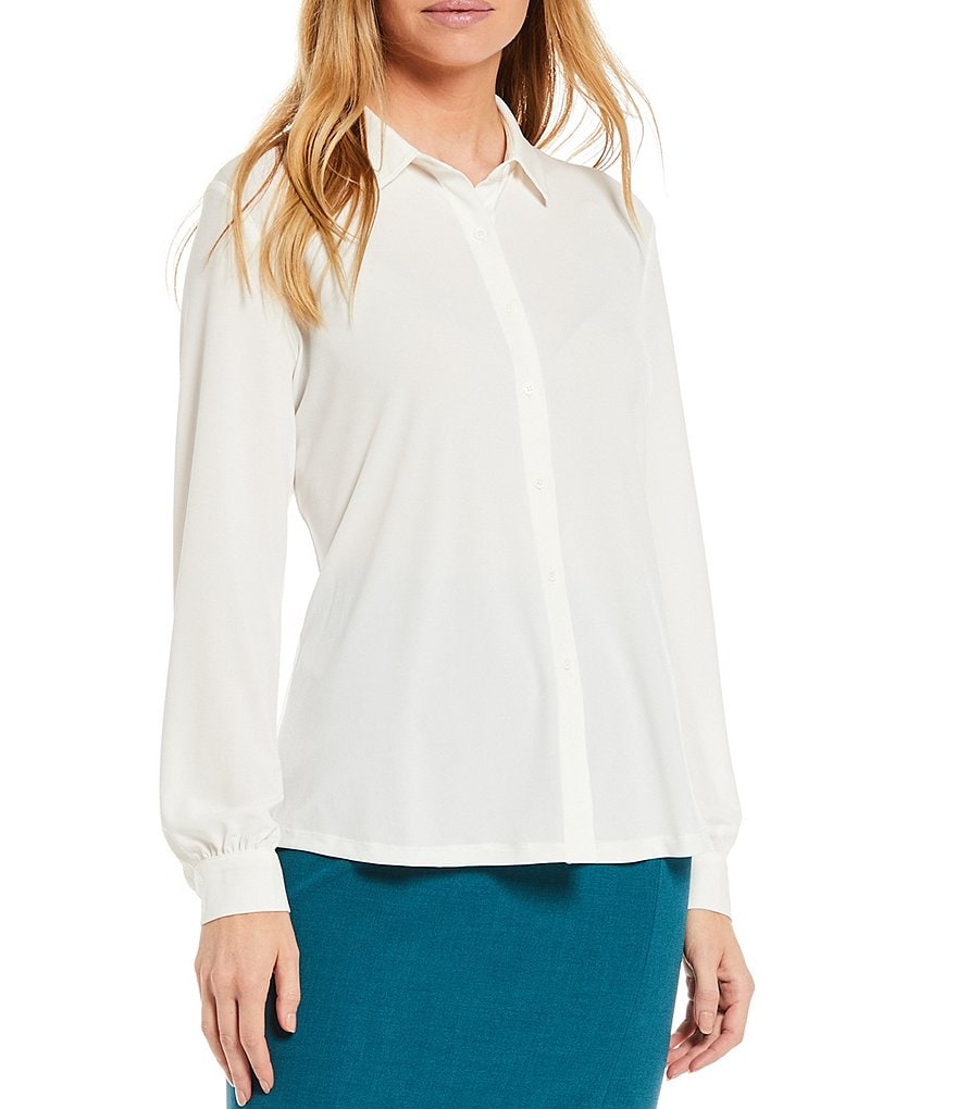 Tahari ASL Drapey Jersey Long Sleeve Point Collar Neck Button Front Shirt
