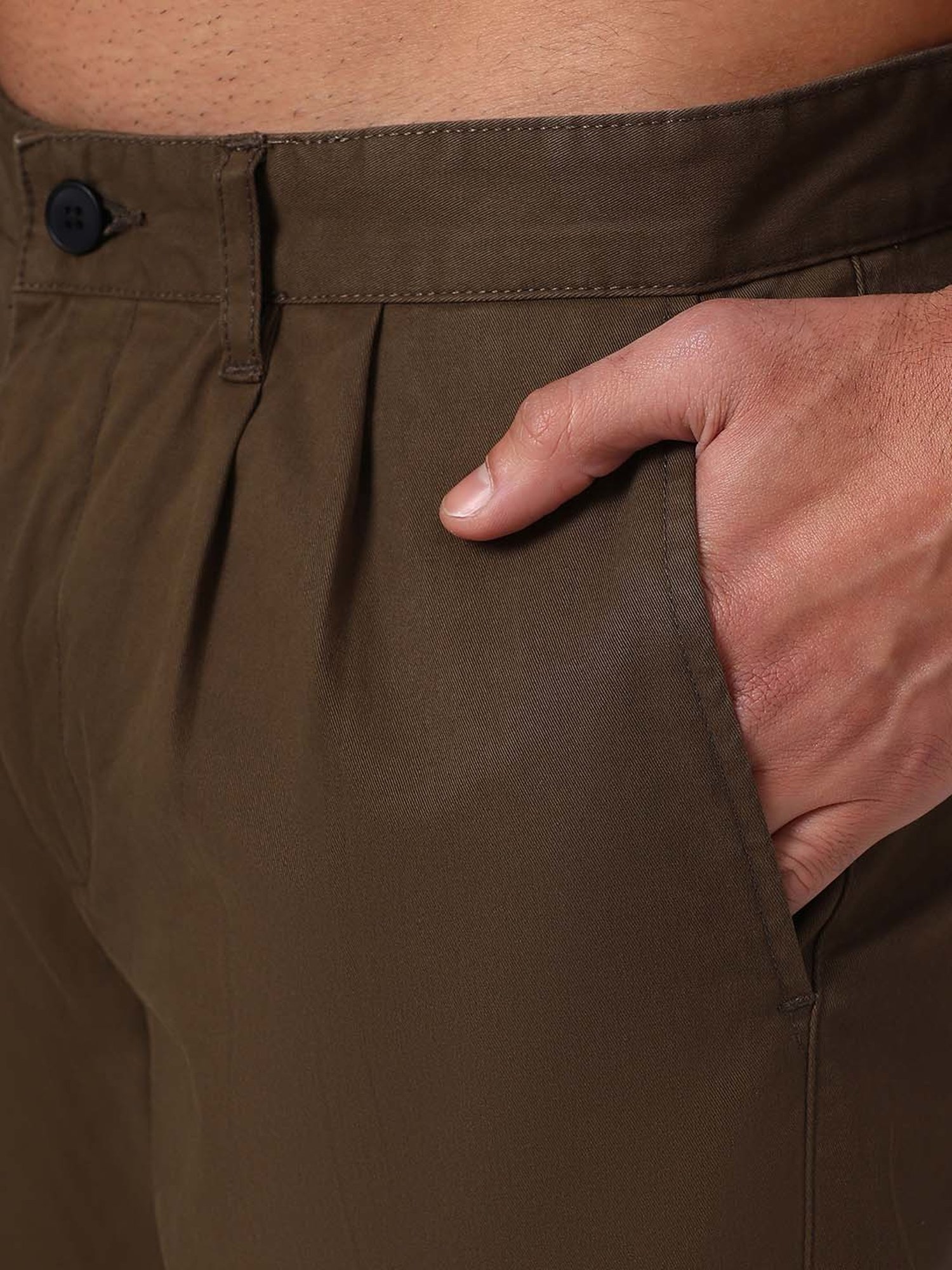 SUBTRACT Dark Olive Regular Fit Pleated Trousers