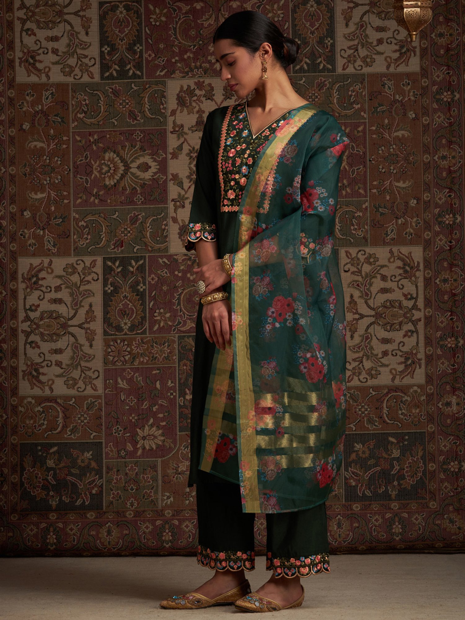 Indo Era Green Embroidered Kurta Palazzo Set With Dupatta