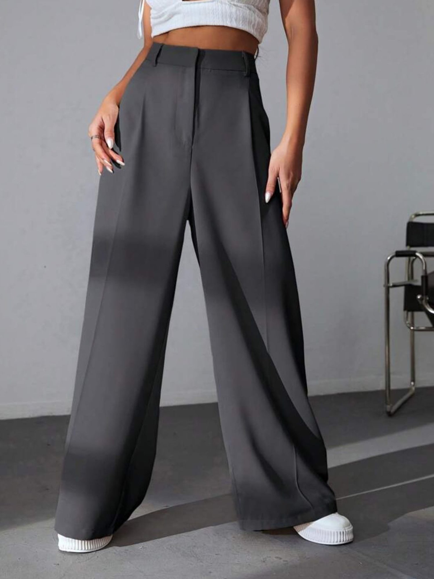 Broadstar Dark Grey Straight Fit High Rise Trousers