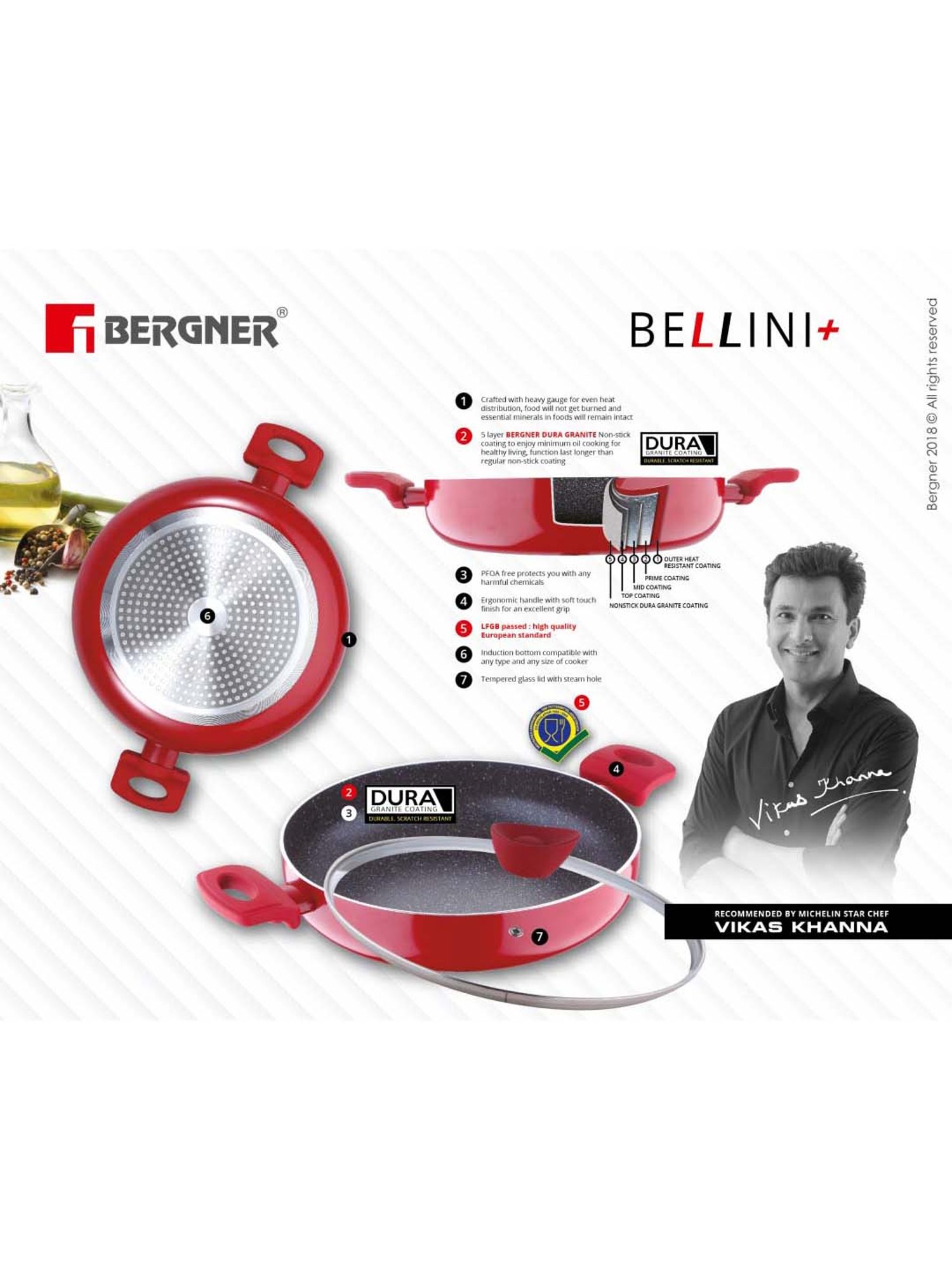 Bergner Bellini Plus Red Pressed Aluminium 20 cm Diameter Casserole With Lid (2.6 L) - Set of 1