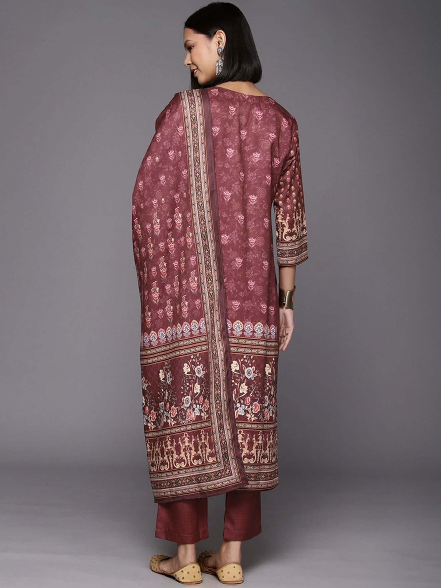 Varanga Maroon Floral Print Kurta Pant Set With Dupatta