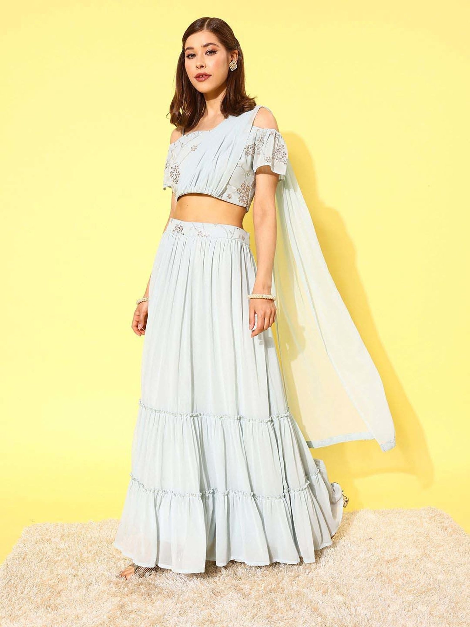 Libas Blue Embellished Lehenga & Choli Set With Attached Dupatta