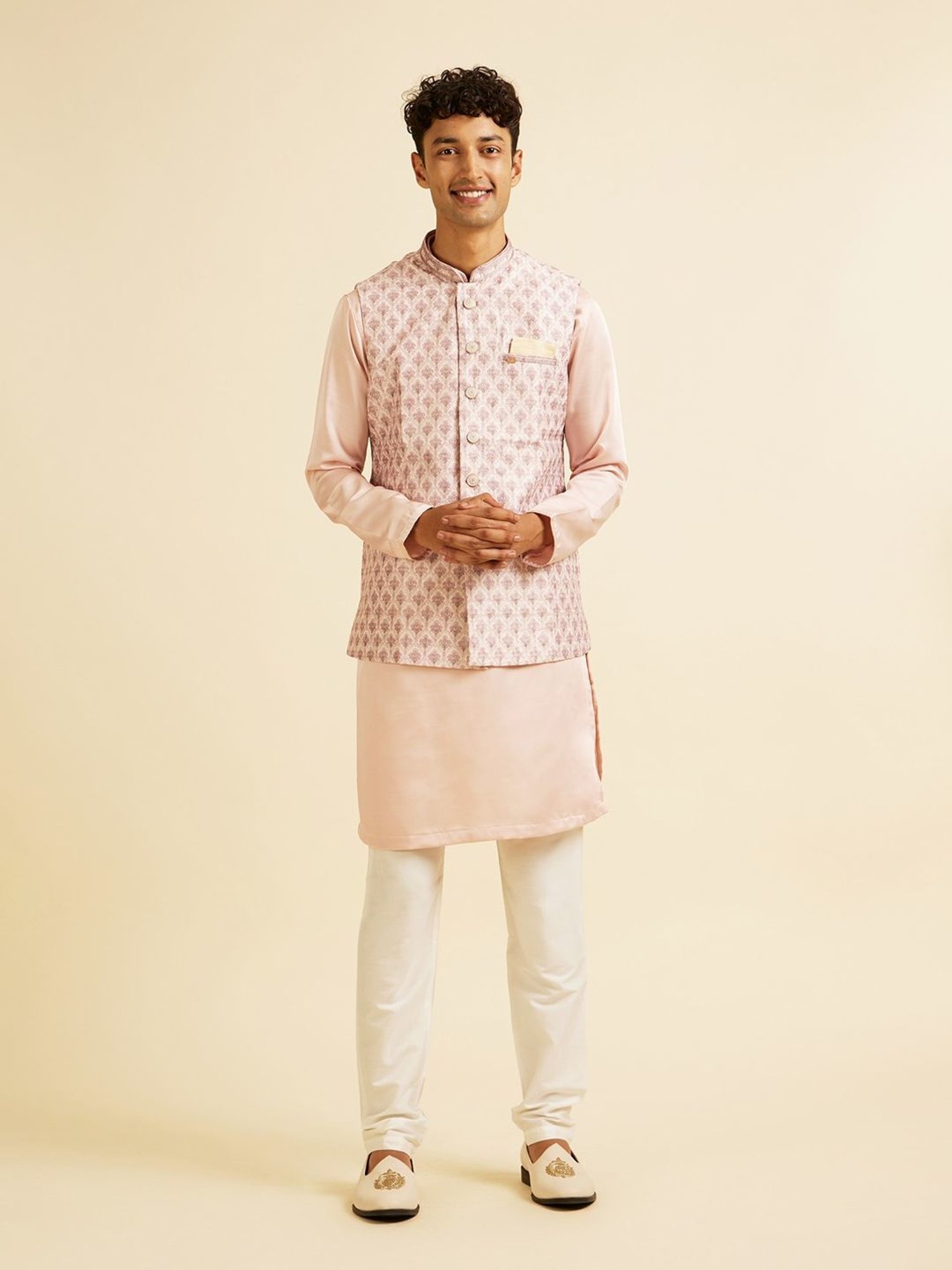 Manyavar Peach Regular Fit Floral Print Nehru Jacket
