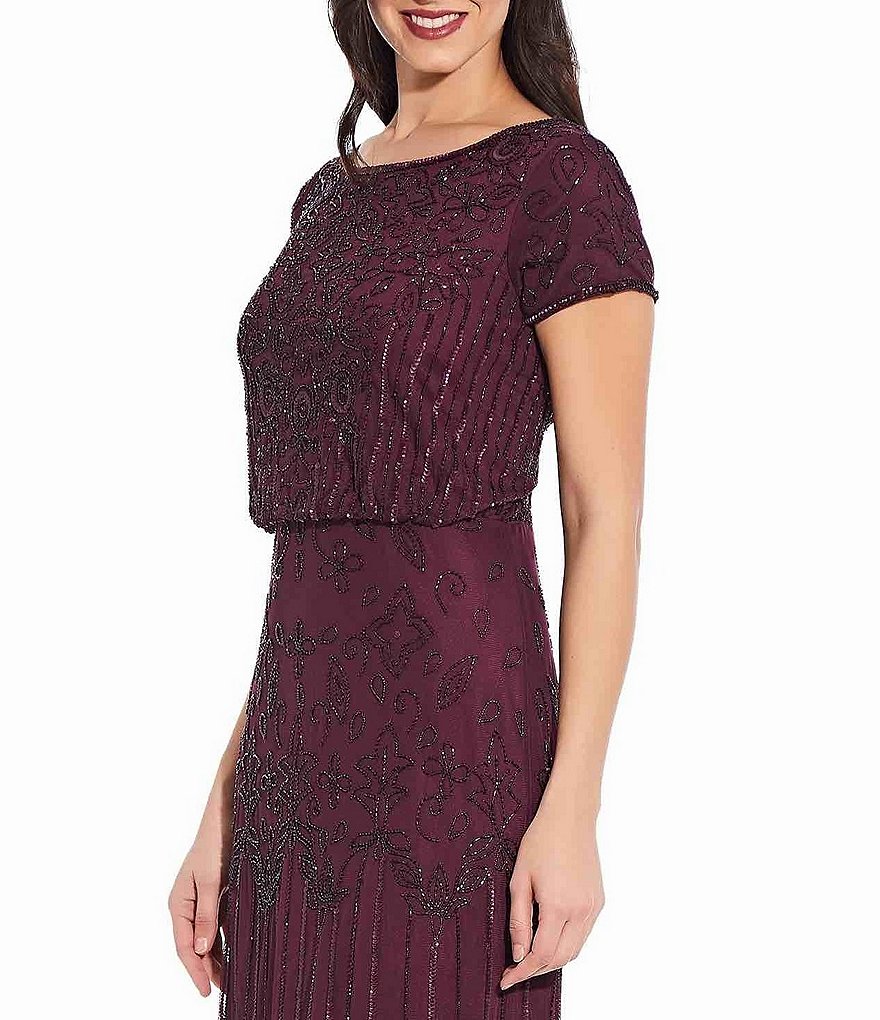 Adrianna Papell Short Sleeve Beaded Blouson Gown