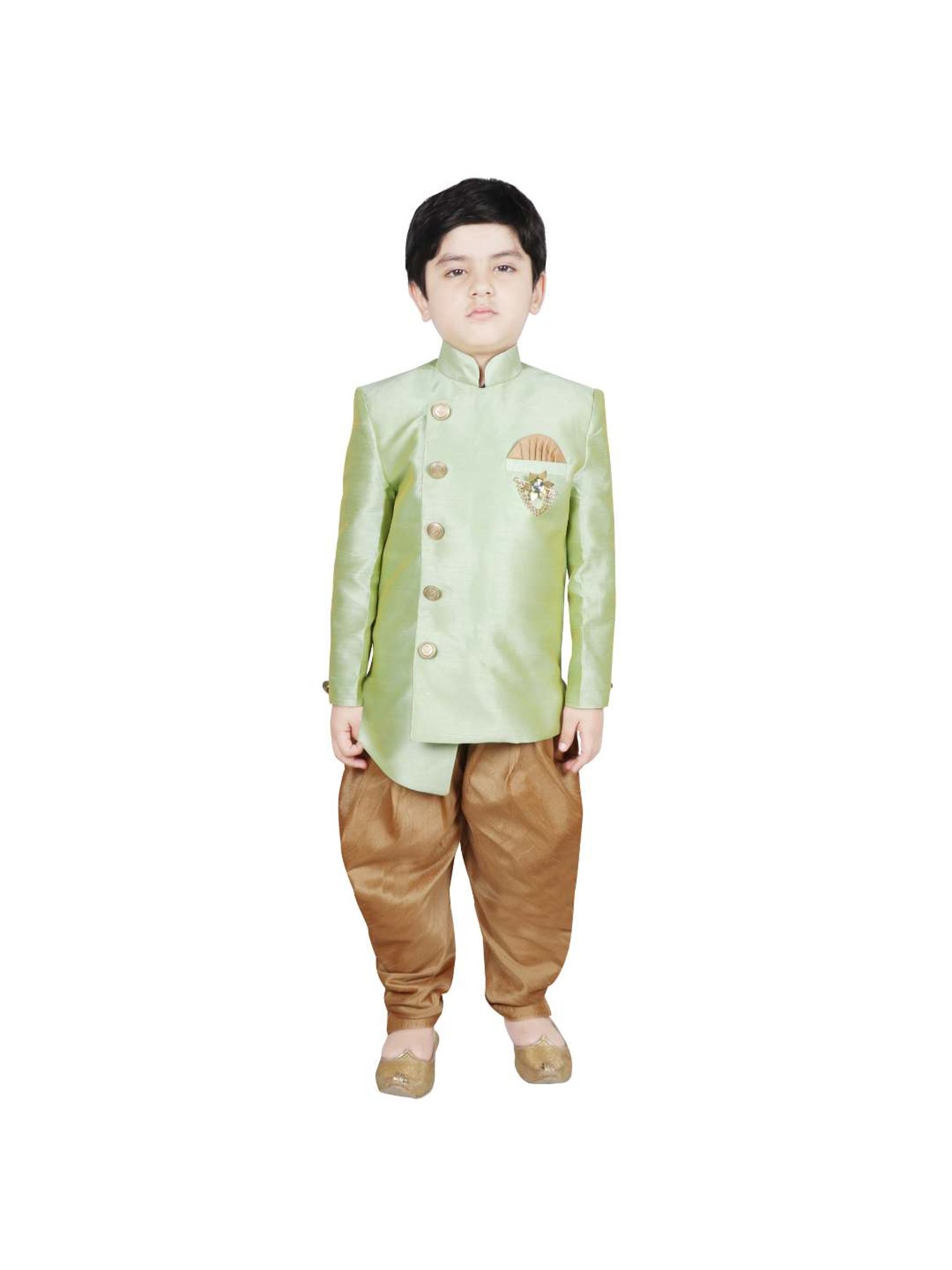 SG Yuvraj Kids Green & Brown Solid Sherwani with Pyjama