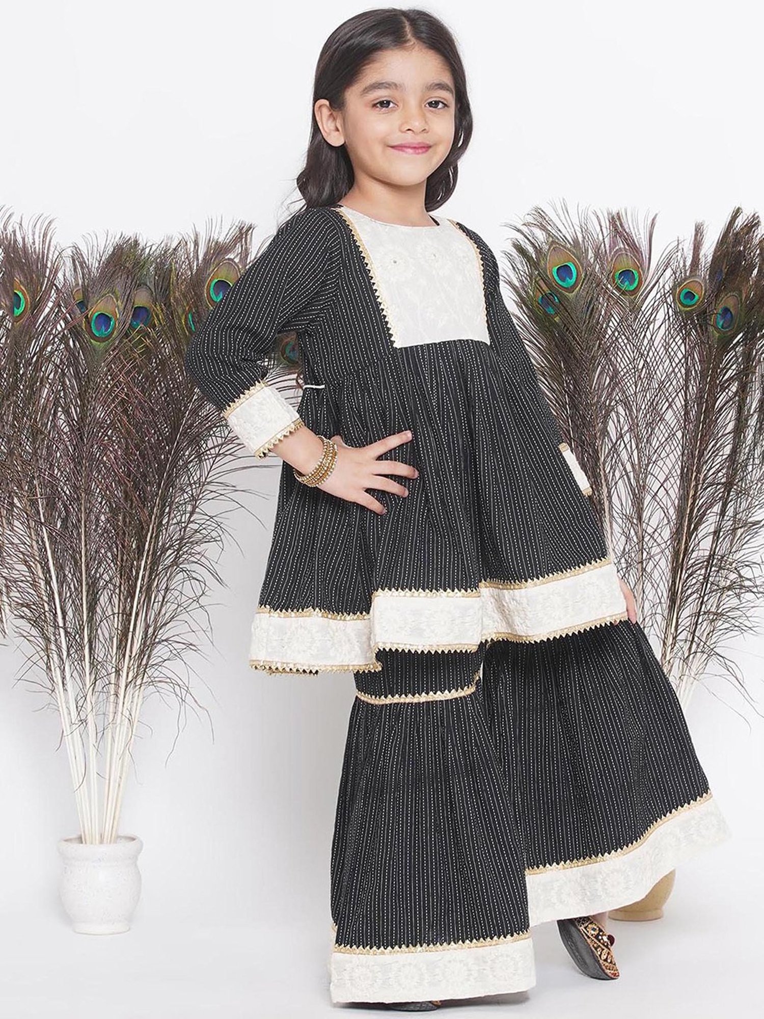 Little Bansi Kids Black & White Embroidered Kurta, Sharara, with Dupatta
