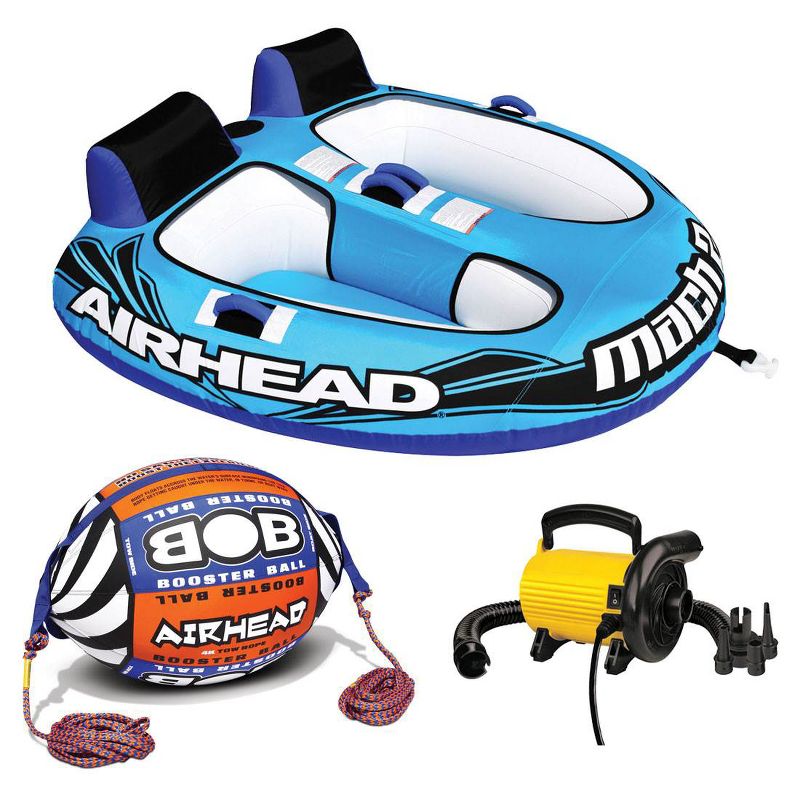 Airhead AHM2-2 Mach 2 Inflatable 2 Rider Towable Tube with Buoy Tow Rope & Pump