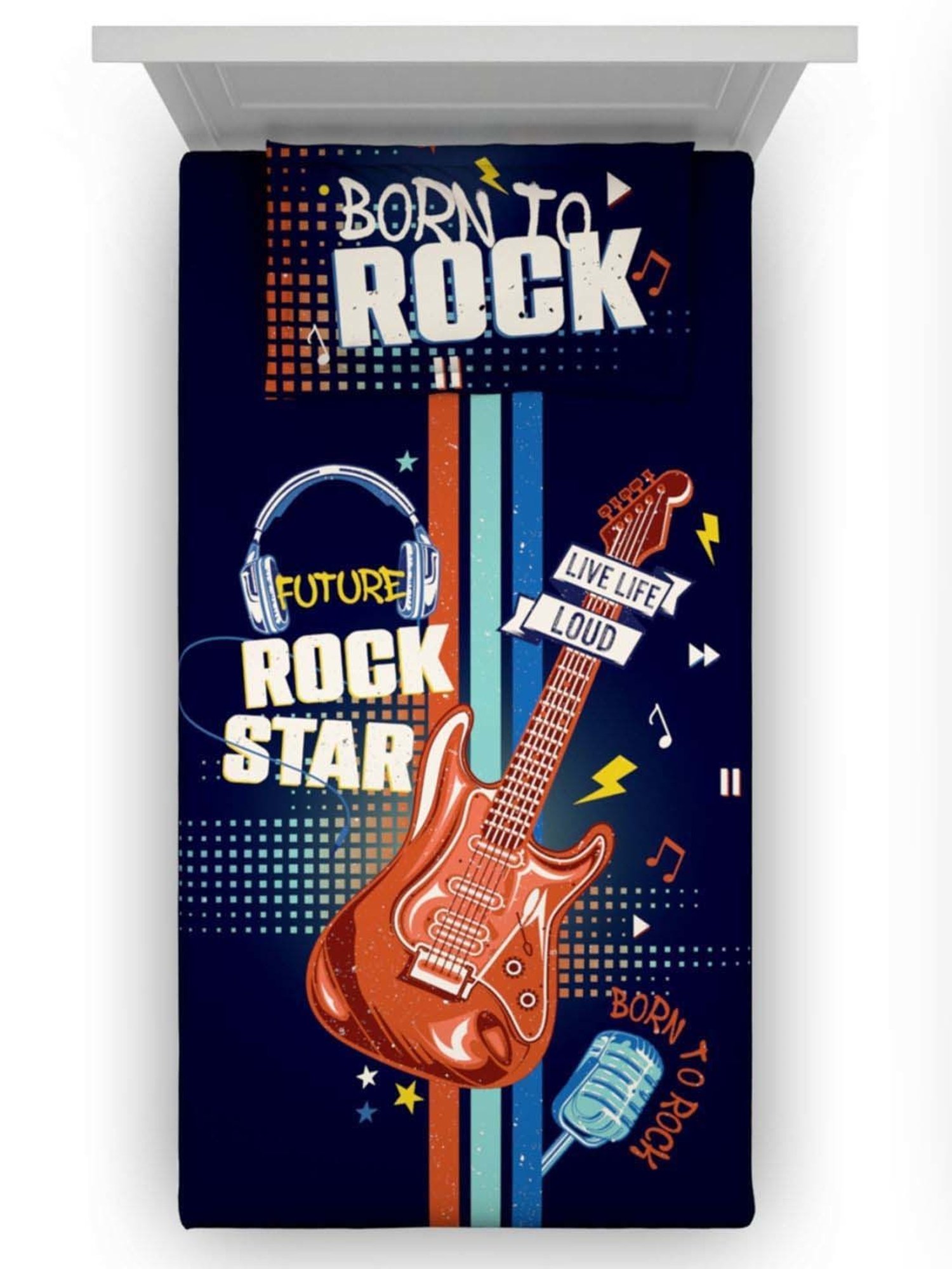 DDecor Rockstar Conversational Blue Cotton 136 TC Single Bedsheet With 1 Pillow Cover