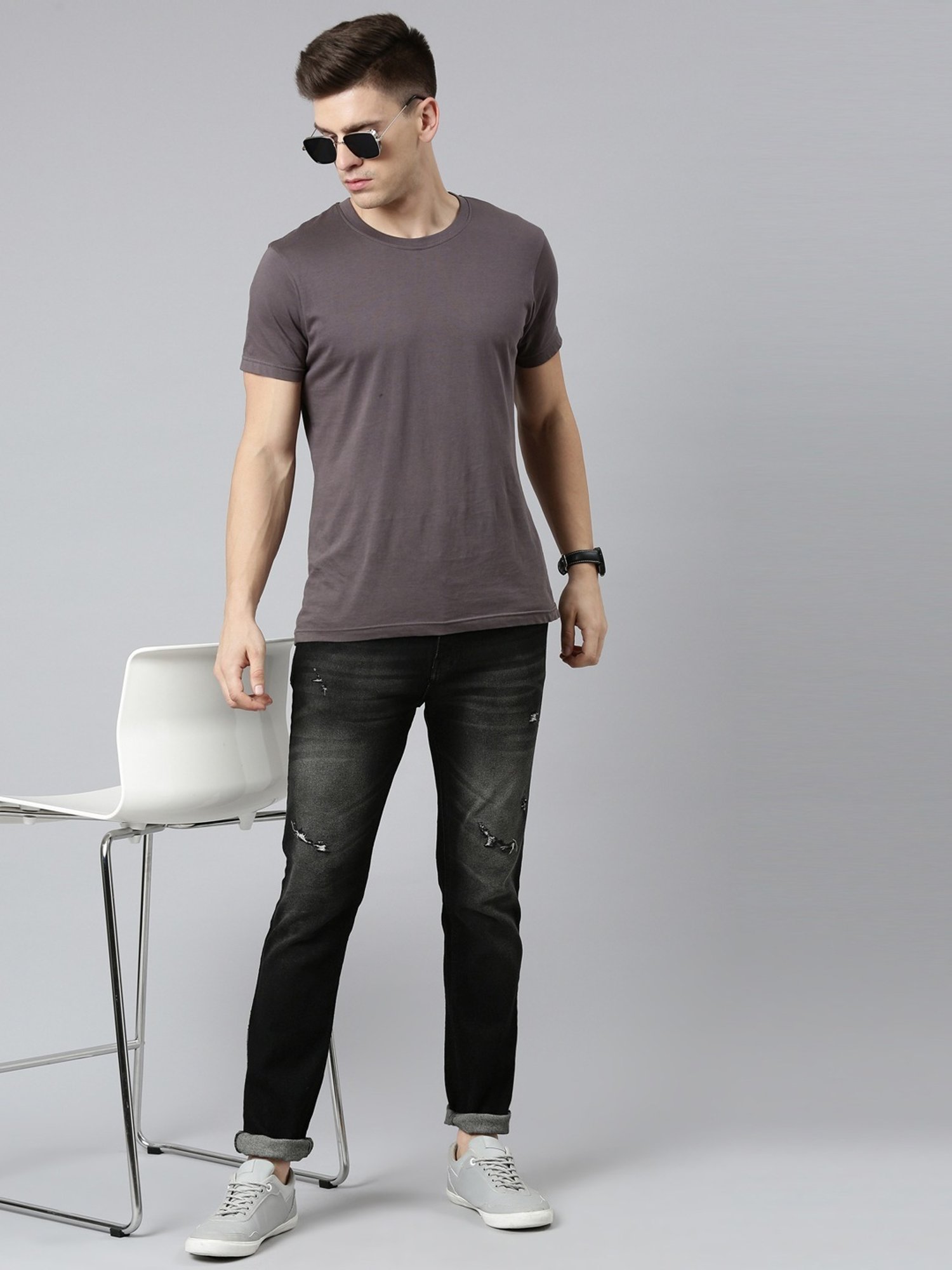 CINOCCI Charcoal Cotton Slim Fit Distressed Jeans