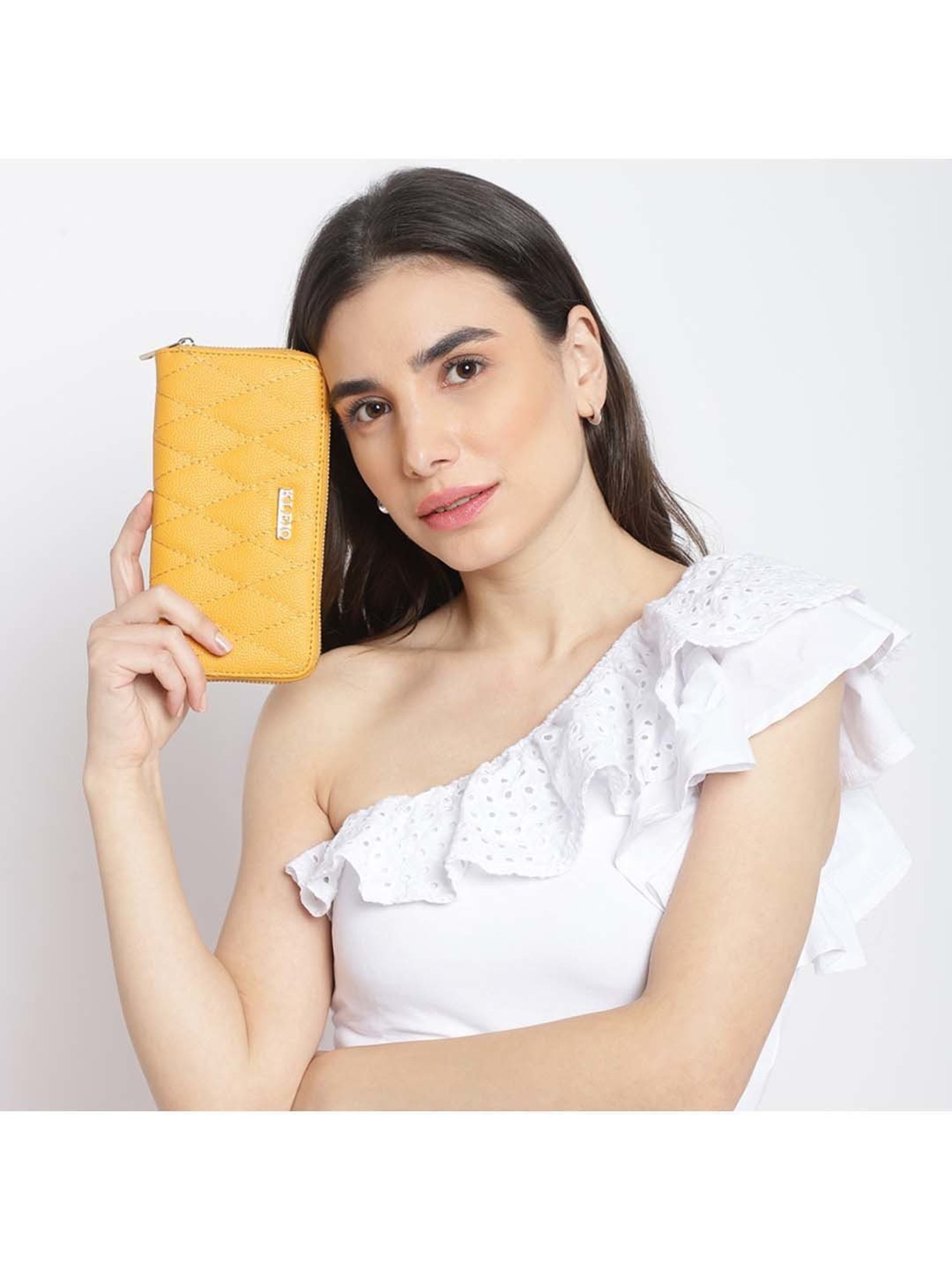 KLEIO Mustard Quilted Zip Around Wallet for Women