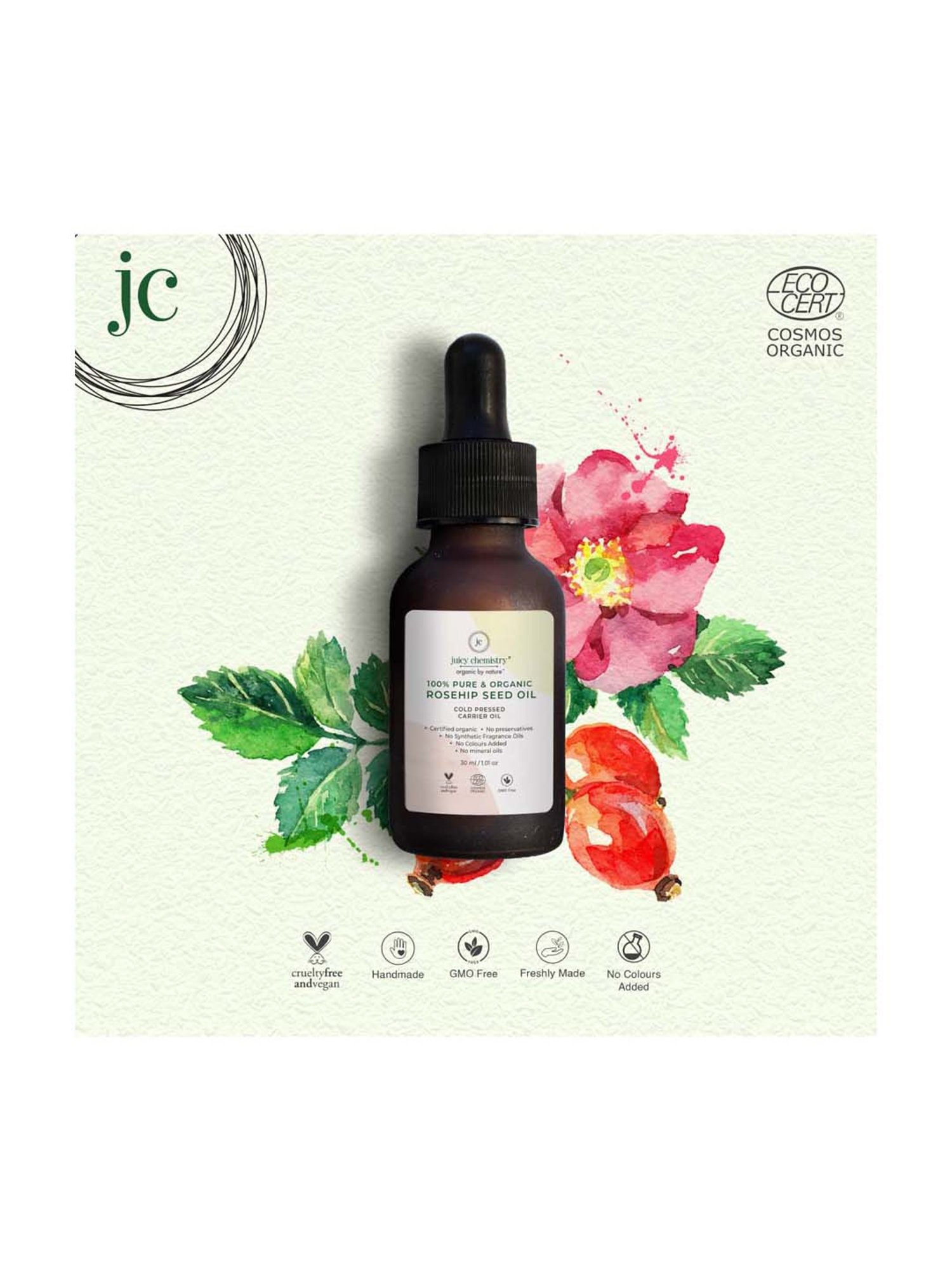 Juicy Chemistry Rosehip Seed Cold Pressed Carrier Oil - 30 ml