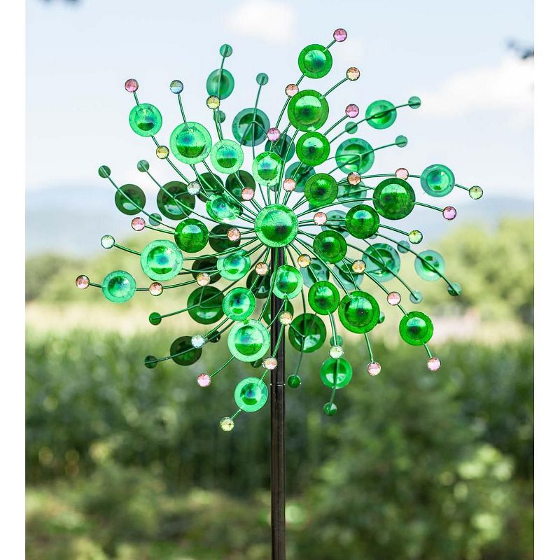 Wind & Weather Green Metal Wind Spinner with Colorful Crystals