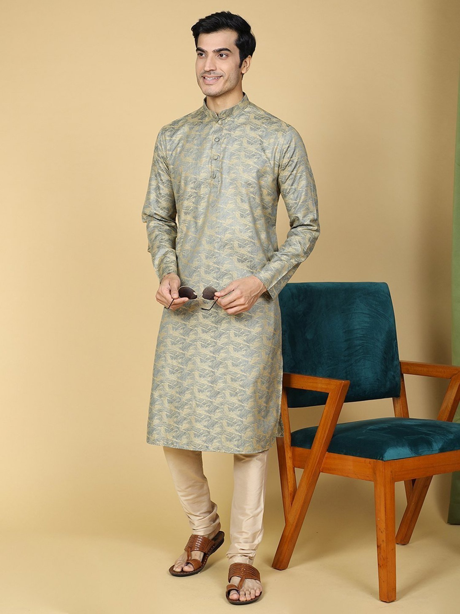 TABARD Blue Cotton Regular Fit Self Pattern Kurta Bottom Set