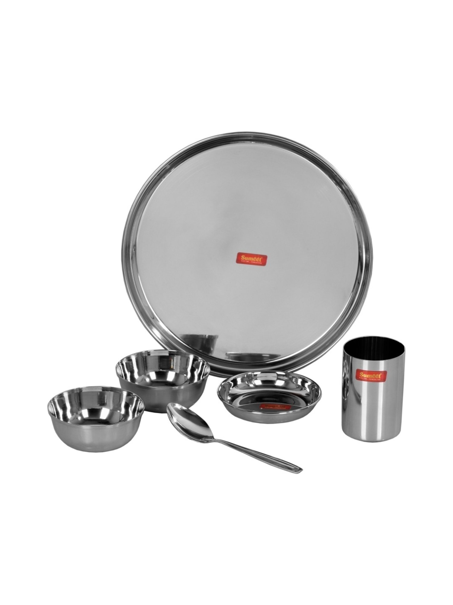 Sumeet S.S.Mirror Finish Dinner set-6 Pc(1 Plate,1 Small/Halwa Plate, 2 Bowl/Wati, 1 Glass, 1 Spoon)