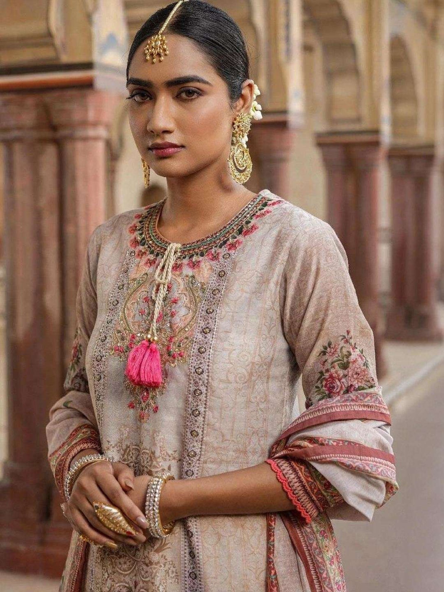 Scakhi Beige Chanderi Floral Print Pakistani Kurta and Pant With Dupatta