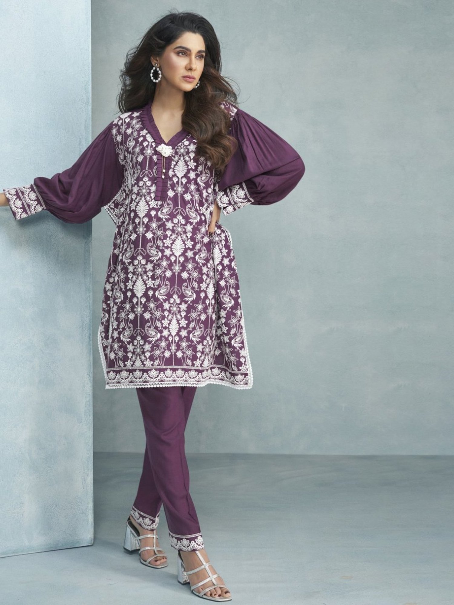 Autumnlane Violet Iris Jam Embroidered Tunic with Pant Co-ord Set Set