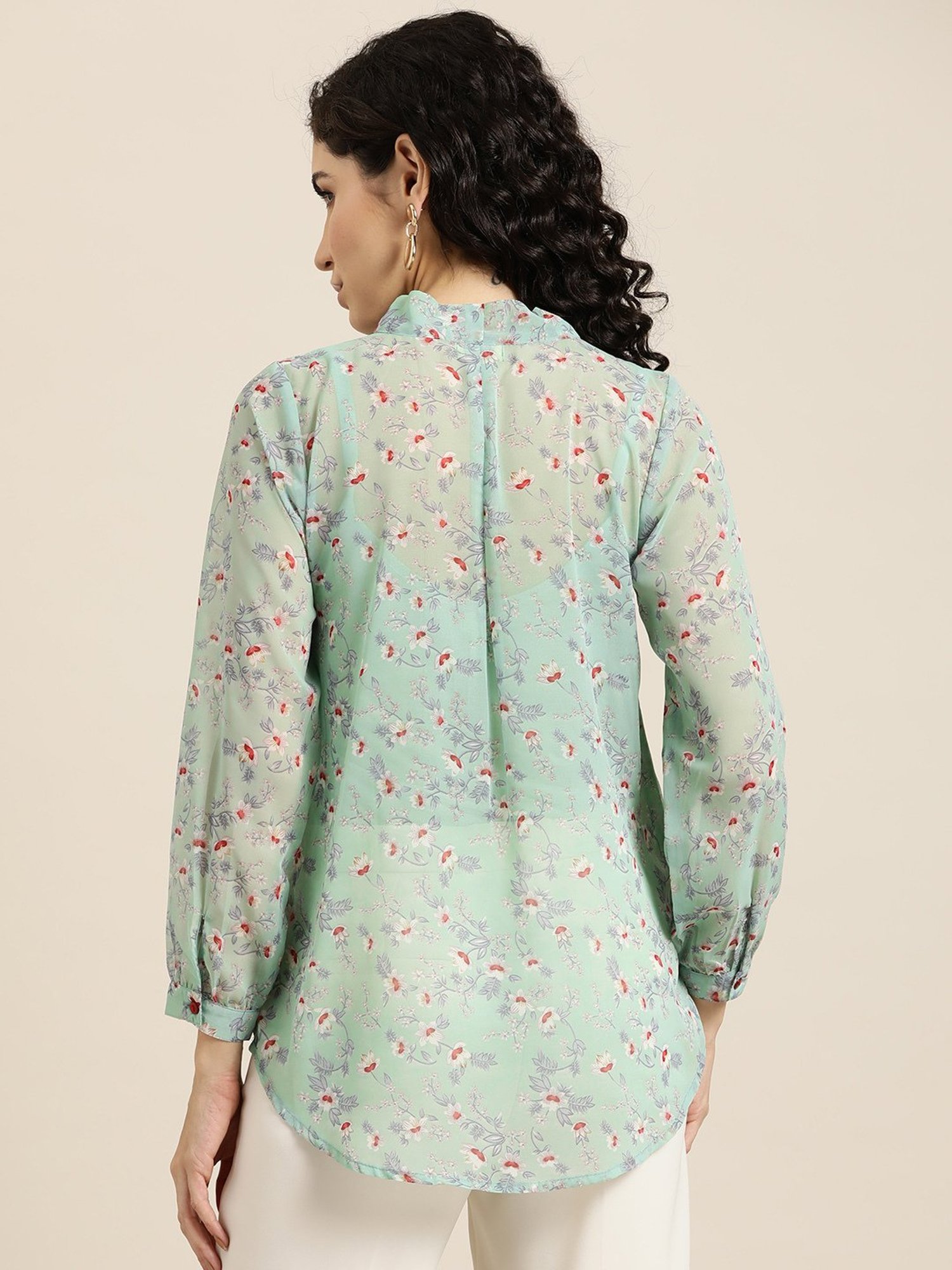 Qurvii Sea Green Floral Print Top