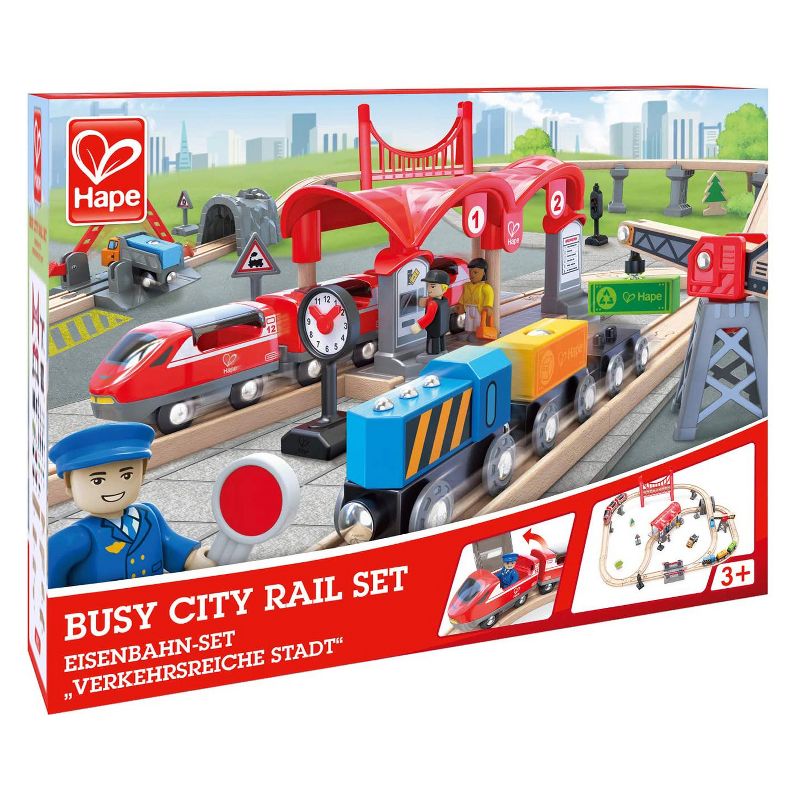 Hape Busy City Themed Magnetic Kids Toddler Play Freight Train Railway Station Toy Set with Passenger Train, Fright Train, and Station