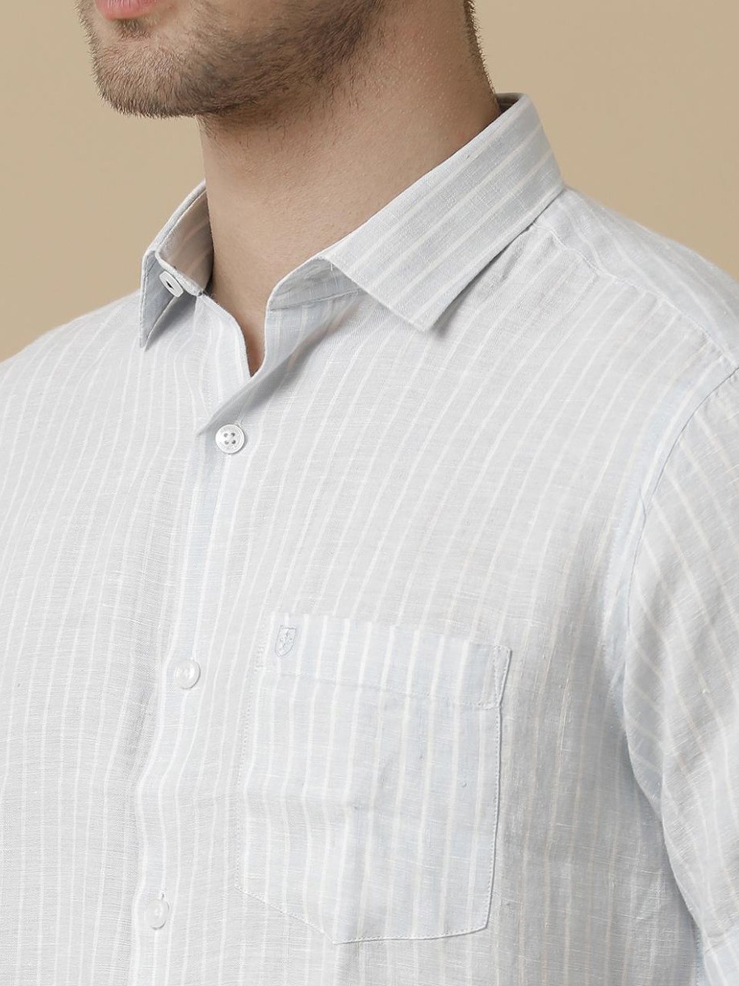 Linen Club Blue Linen Contemporary Fit Striped Shirt