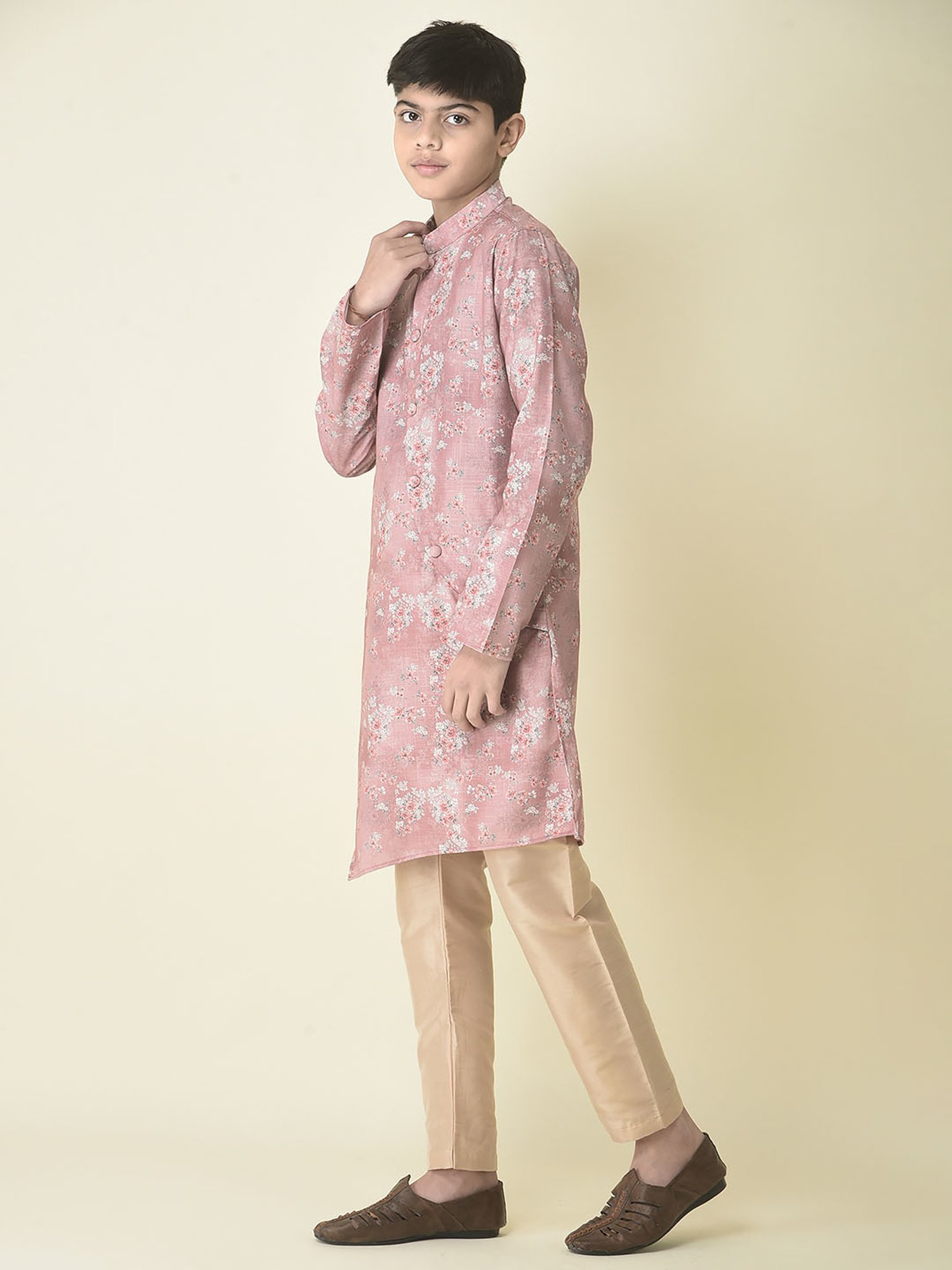 TABARD Kids Pink & Beige Floral Print Full Sleeves Kurta with Churidar