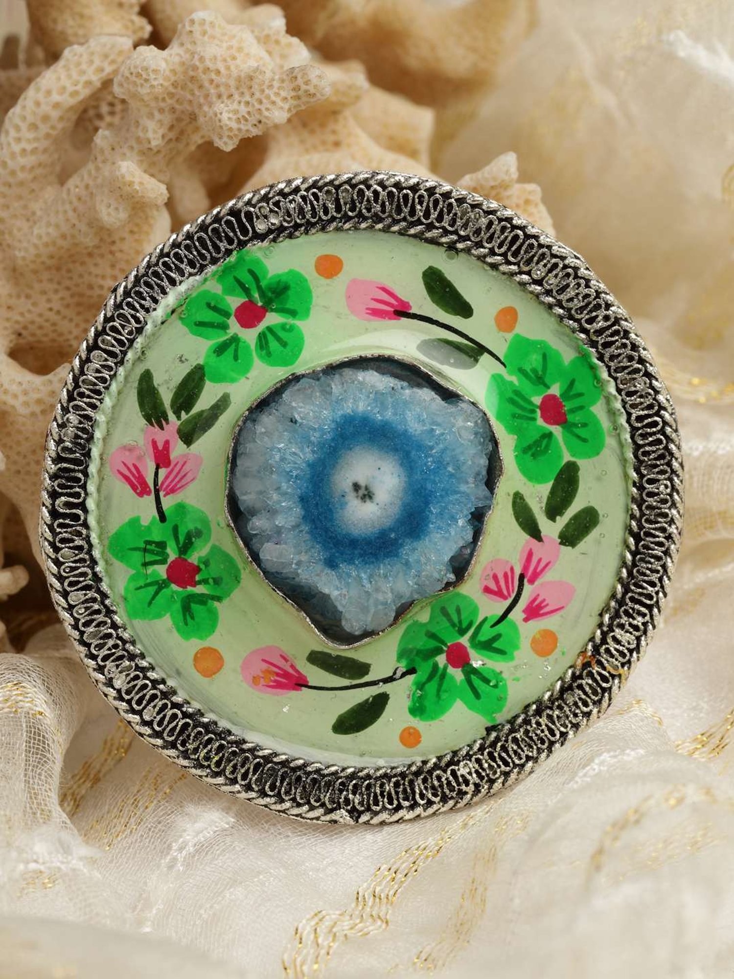 Moedbuille Agate Studded Handpainted Meenakari Floral Design Oxidised Silver Plated Finger Ring