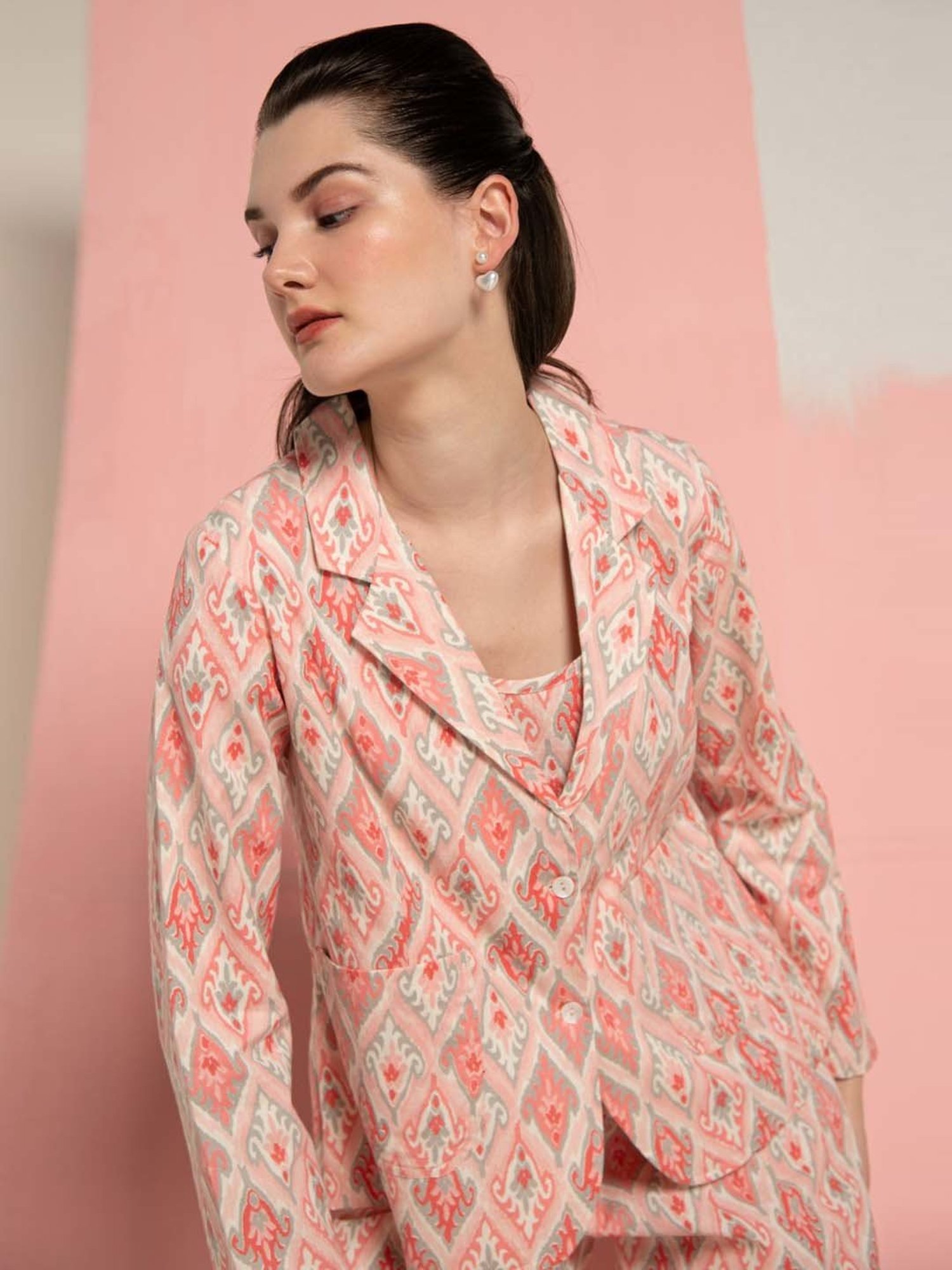 Ekohum Pink Cotton Flex Ikhat Print Coat with Cotton Flex Ikhat Print Pant Co-Ord Set