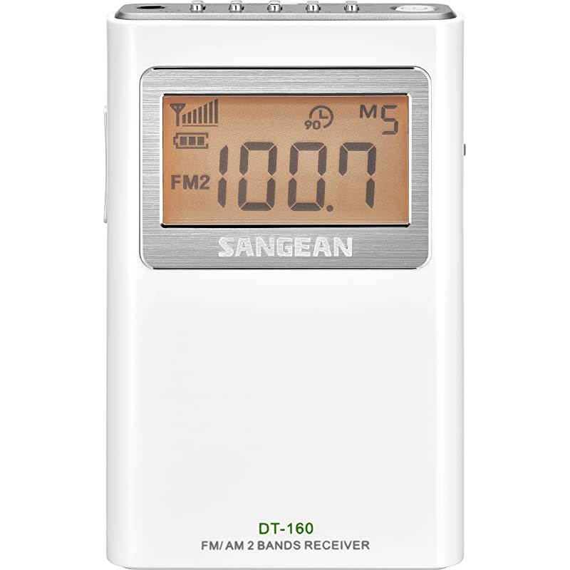 DT-160 AM/FM Stereo Pocket Radio with 100 Operating Hours on 2 AA Batteries, White