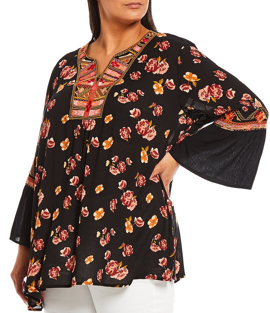 Calessa Plus Size Abstract Floral Crinkle Spit Split Round Neck Bracelet Long Bell Cuff Sleeve Tunic