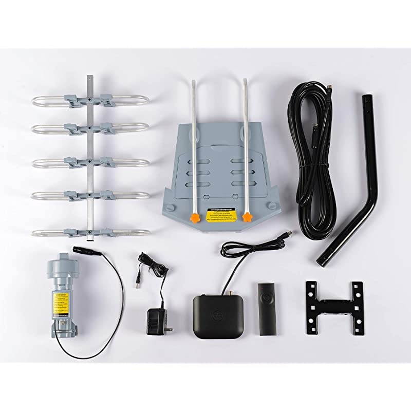 Outdoor Digital HD TV Antenna 150 Miles Motorized 360 Degree Rotation with Mounting Pole and 40FT RG6 Coax Cable - UHF/VHF / 1080P / 4K Snap-On Installation