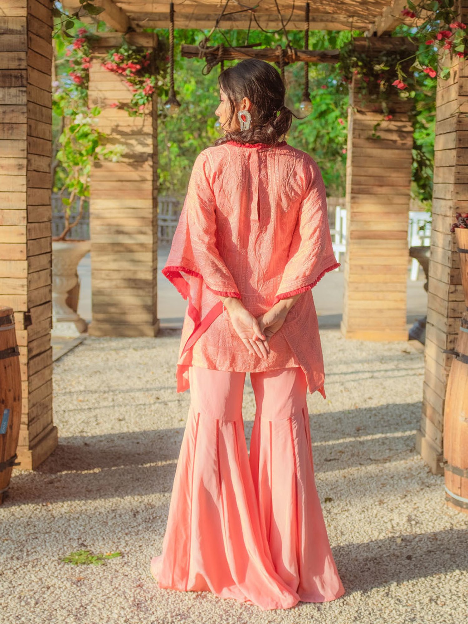 Monk and Mei Suraiya Chikankari Kaftan & Sharara- Peachy Melon