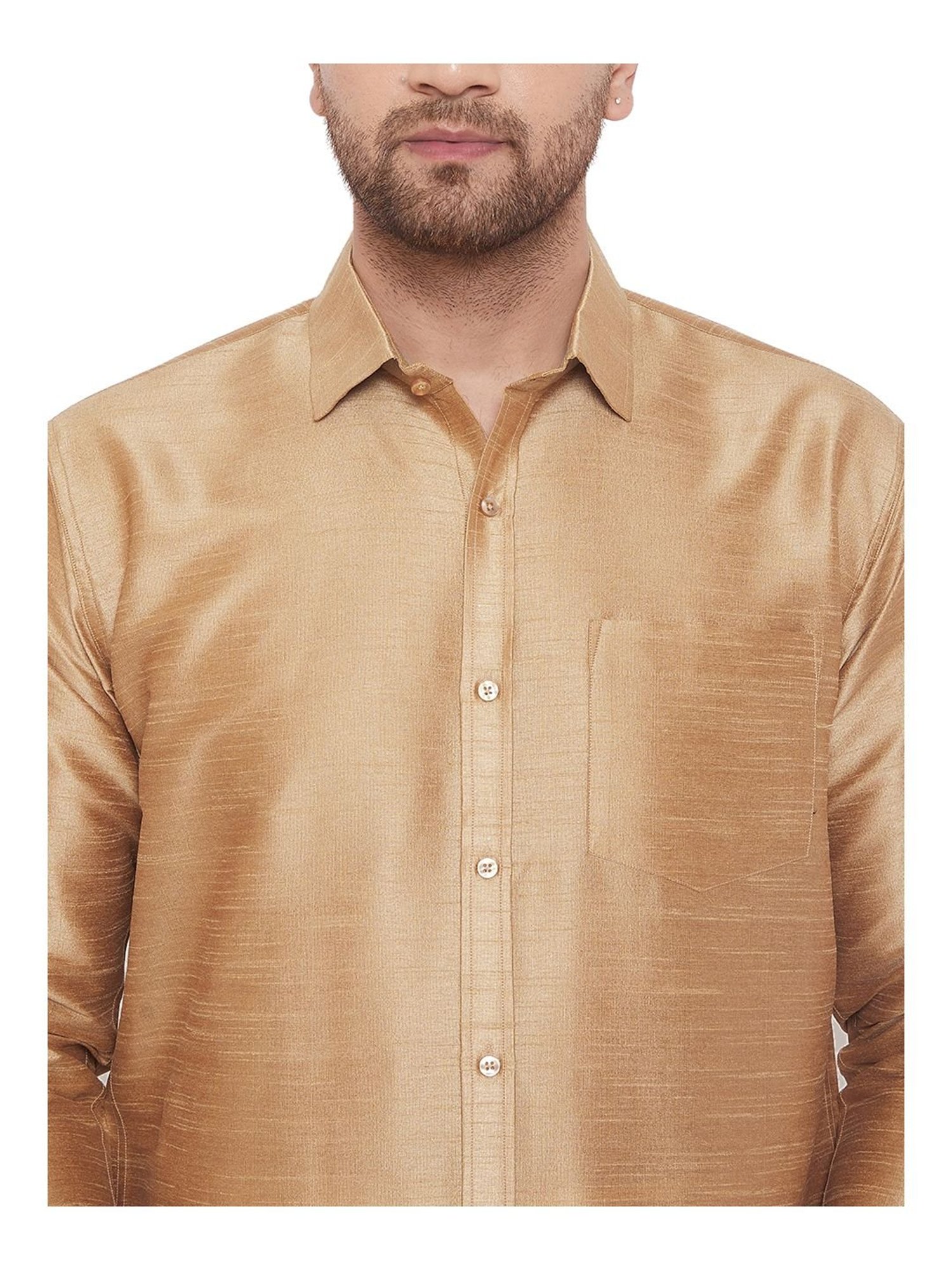 VASTRAMAY Beige Straight Fit Self Pattern Ethnic Shirt