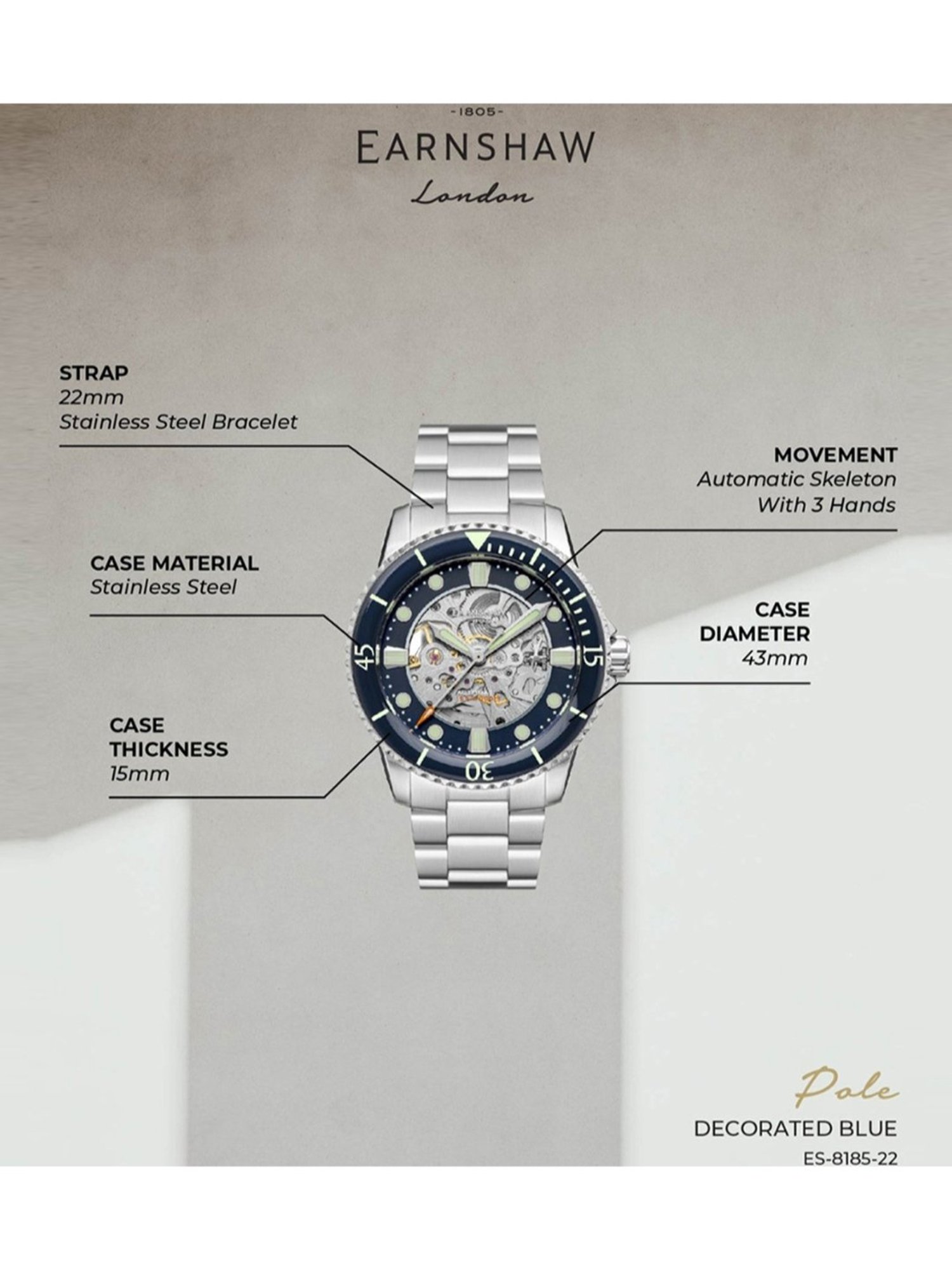 EARNSHAW ES-8185-22 Admiral Pole Skeleton Automatic Watch for Men