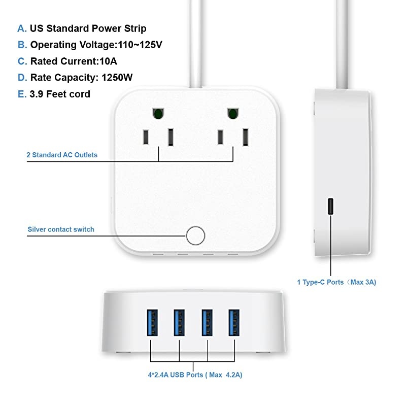 Strip Surge Protector with TypeC Charging Port 5V3A 4 USB Ports 5V24A Portable Travel Charger Station 4ft Heavy Duty Extension Cord USB C Not for Laptops