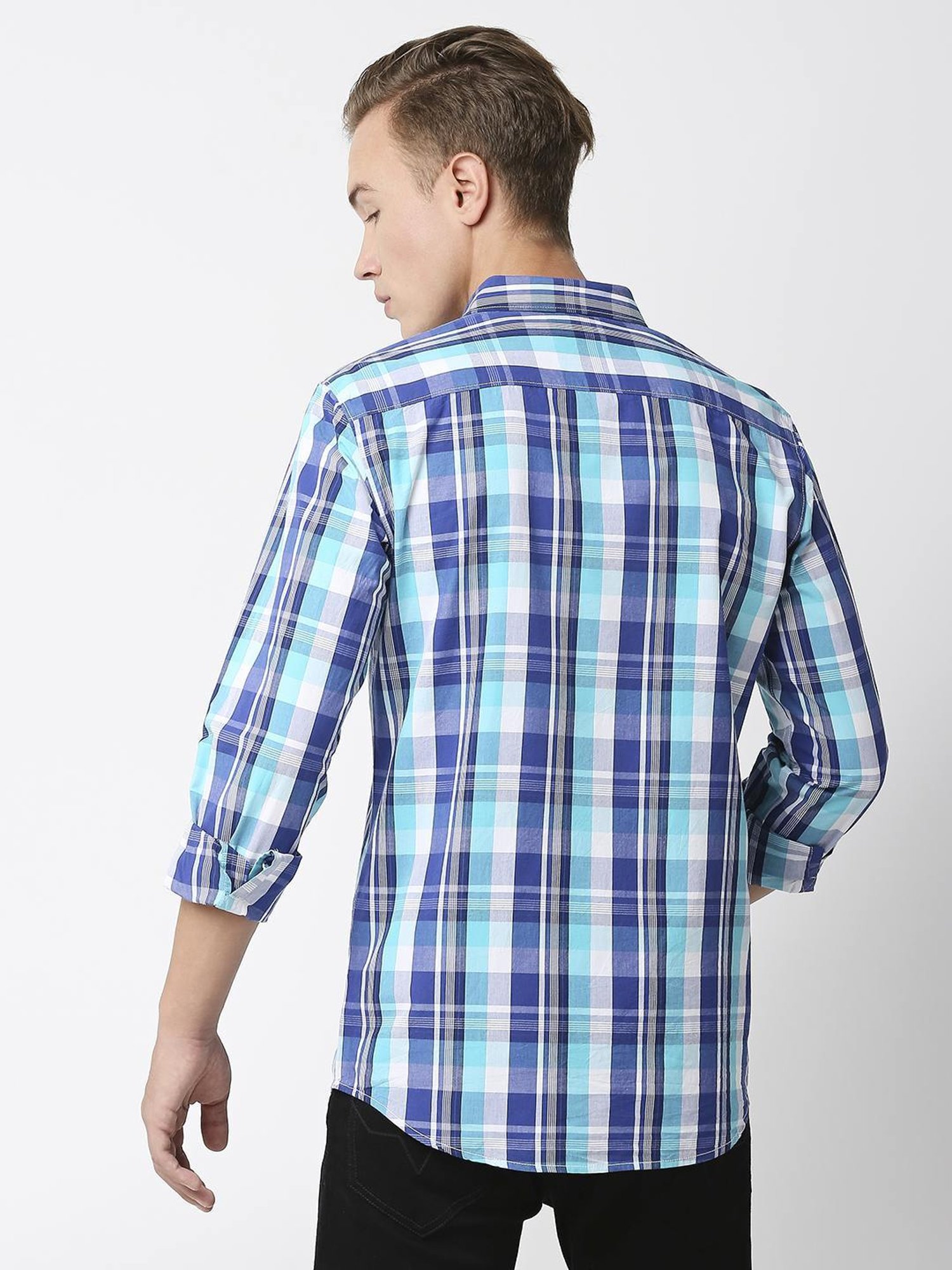 SOLEMIO Navy Cotton Slim Fit Checks Shirt