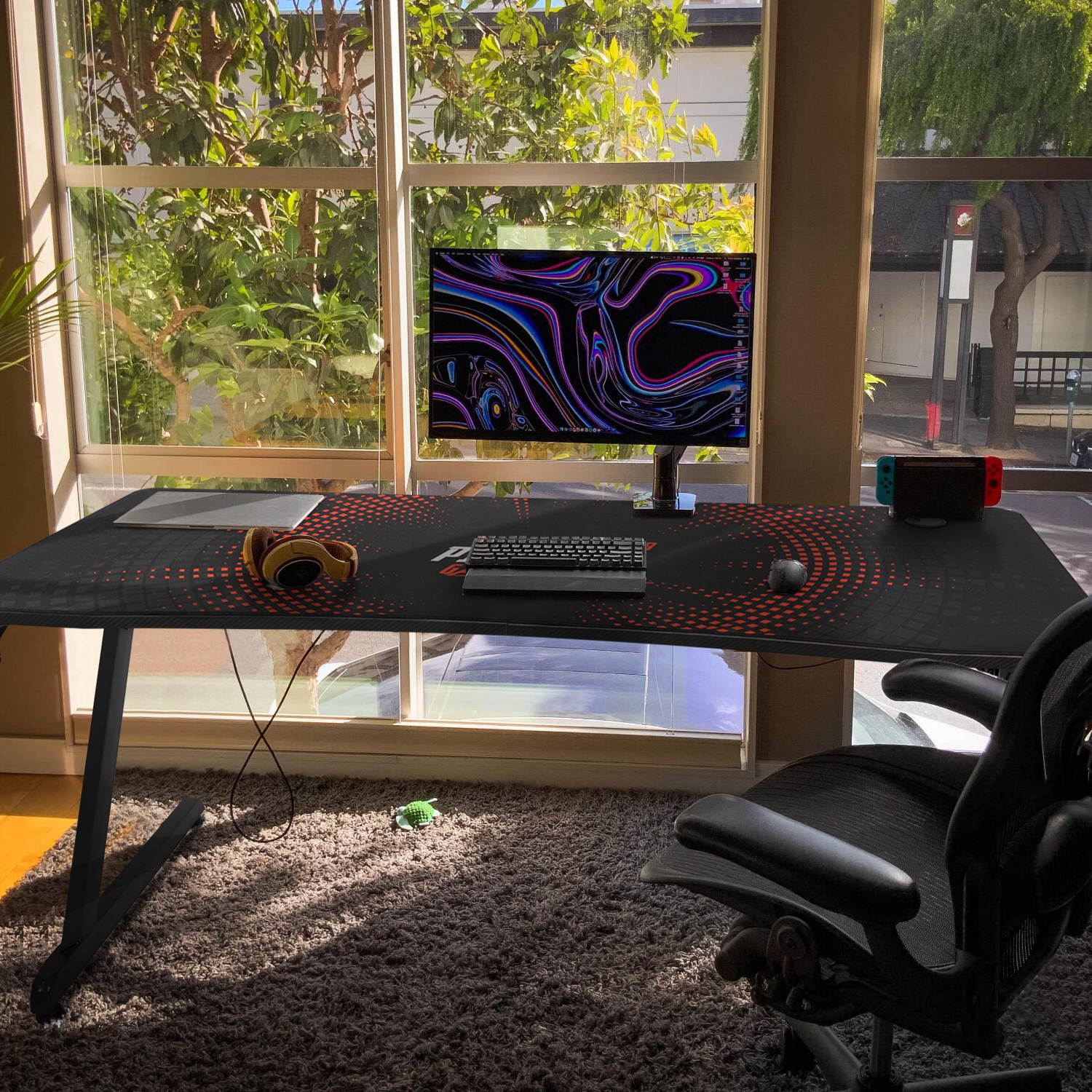 Devoko Gaming Desk 63 Inch Computer Gaming Desk Z-Shaped Pc Gaming Desk with Carben Fiber Surface Gamer Desk with Free Mouse Pad Home Office Desk with Cup Holder and Headphone Hook (Red)