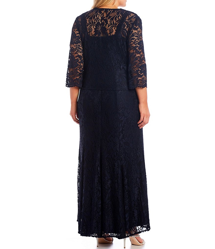 Le Bos Plus Size Embroidered Stretch Lace Square Neck 3/4 Sleeve 2-Piece Jacket Dress