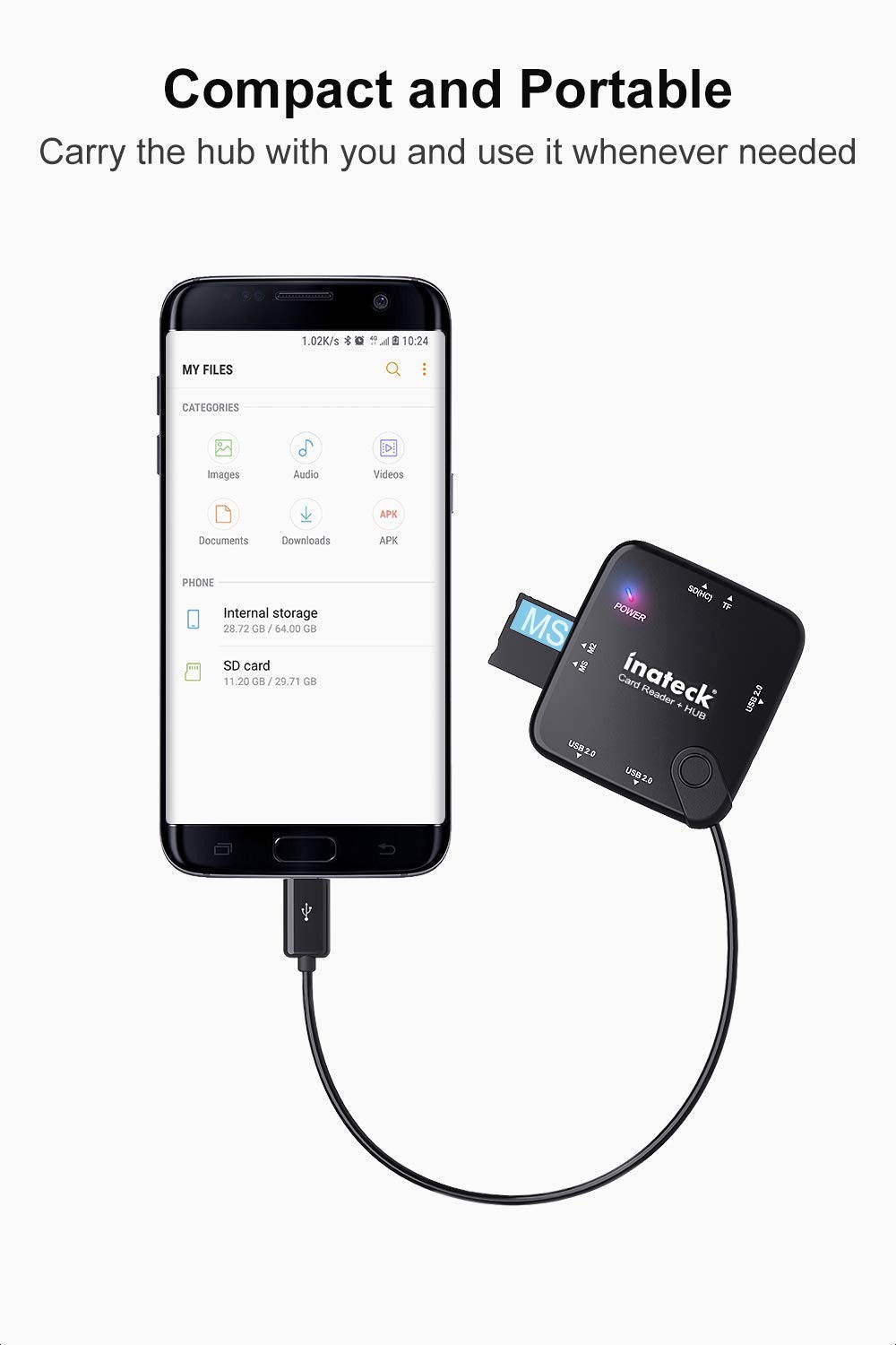 Inateck Card Reader Adapter, USB OTG Adapter with SD/TF/MS/M2 Card Slot and 3 USB 2.0 Ports, (No Power Adapter), Black, HB3001G