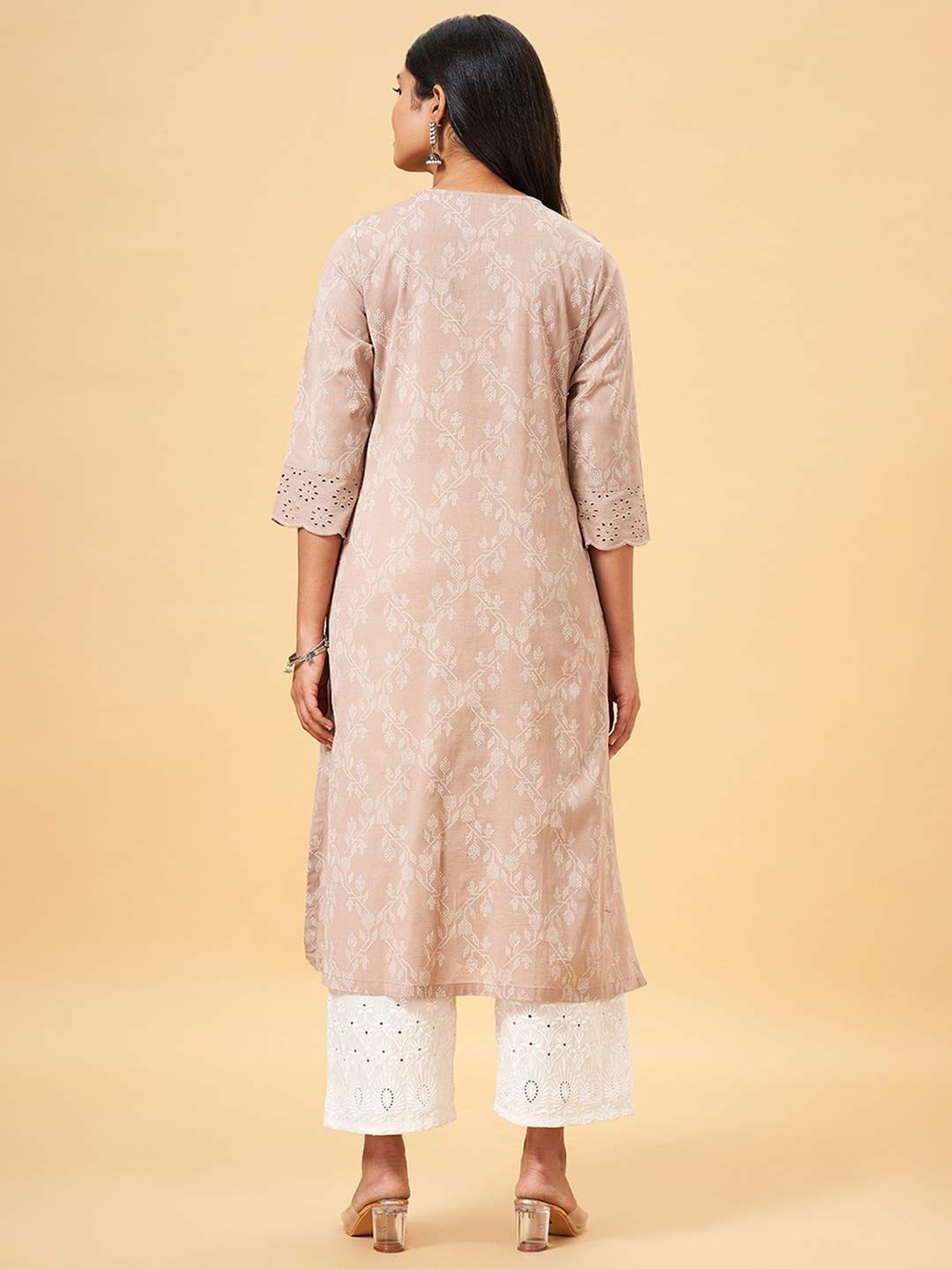 Rangmanch by Pantaloons Beige Cotton Printed Straight Kurta
