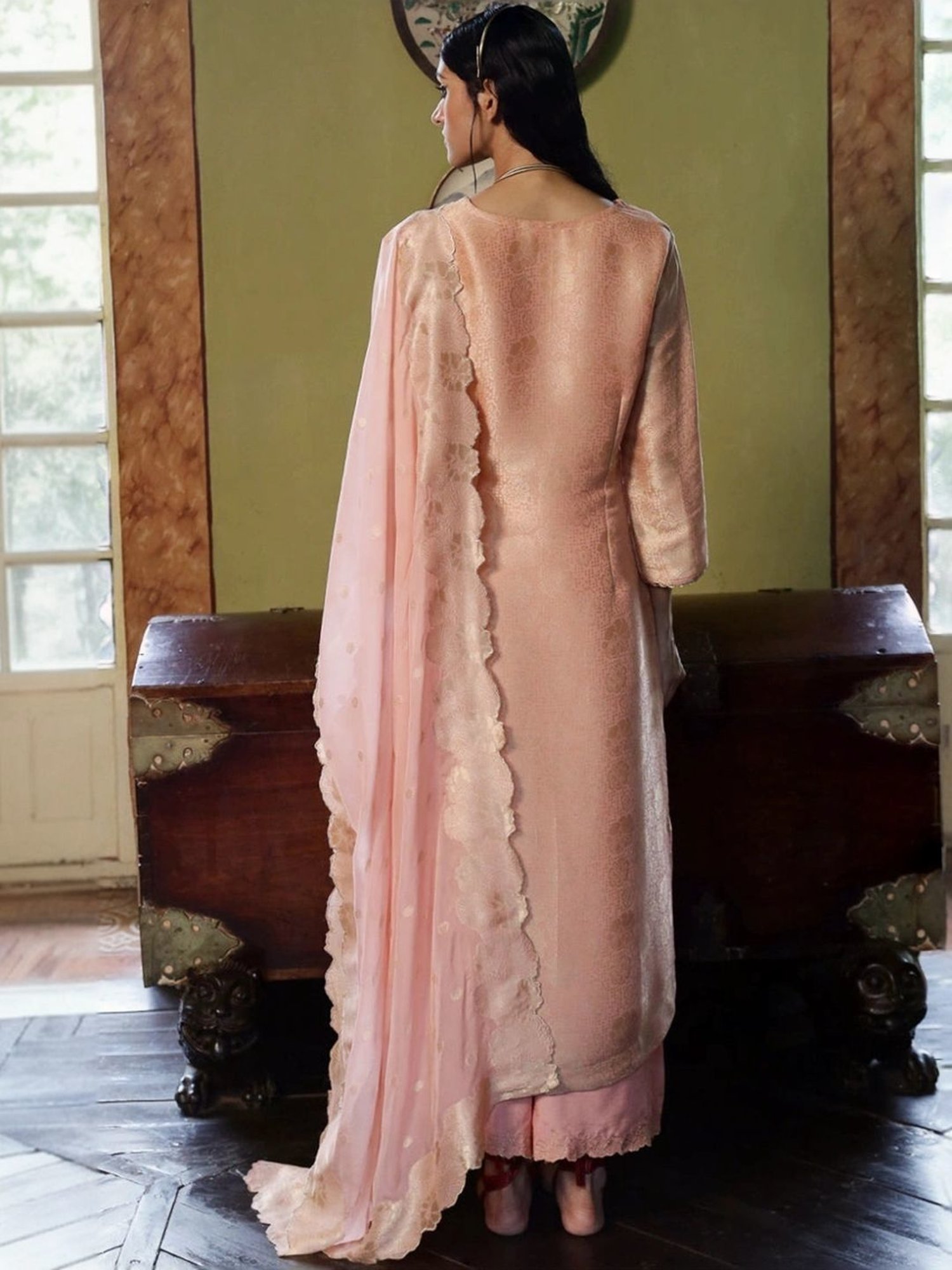 Ganga Fashions Apricot Blush Woven Kurta with Salwar and Dupatta