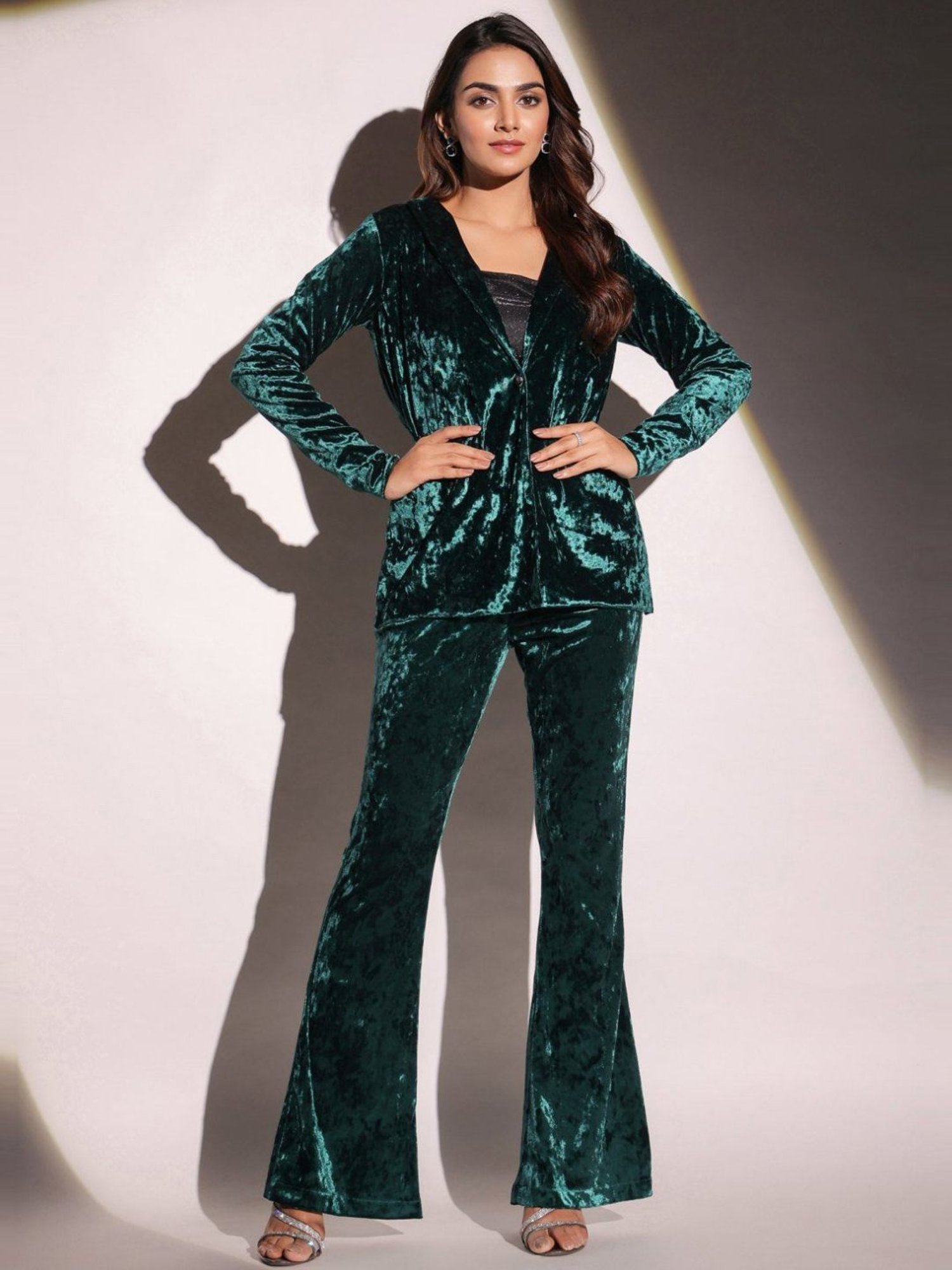 BInfinite Emerald Green Showtime Velvet Blazer with Bralette and Pants Co-ord Set