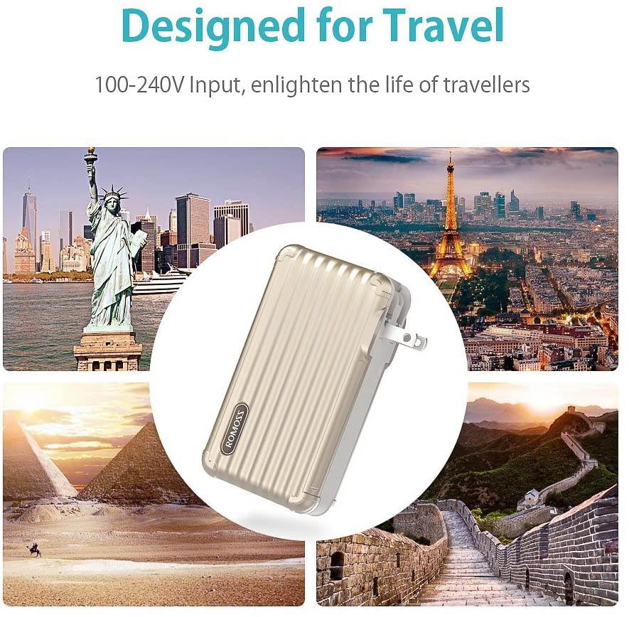 10000mAh 2-in-1 Power Bank and Wall Charger, ROMOSS Dual USB Portable Charger with Foldable AC Wall Plug External Battery Packs Compatible Smartphone and Android Device (Gold)