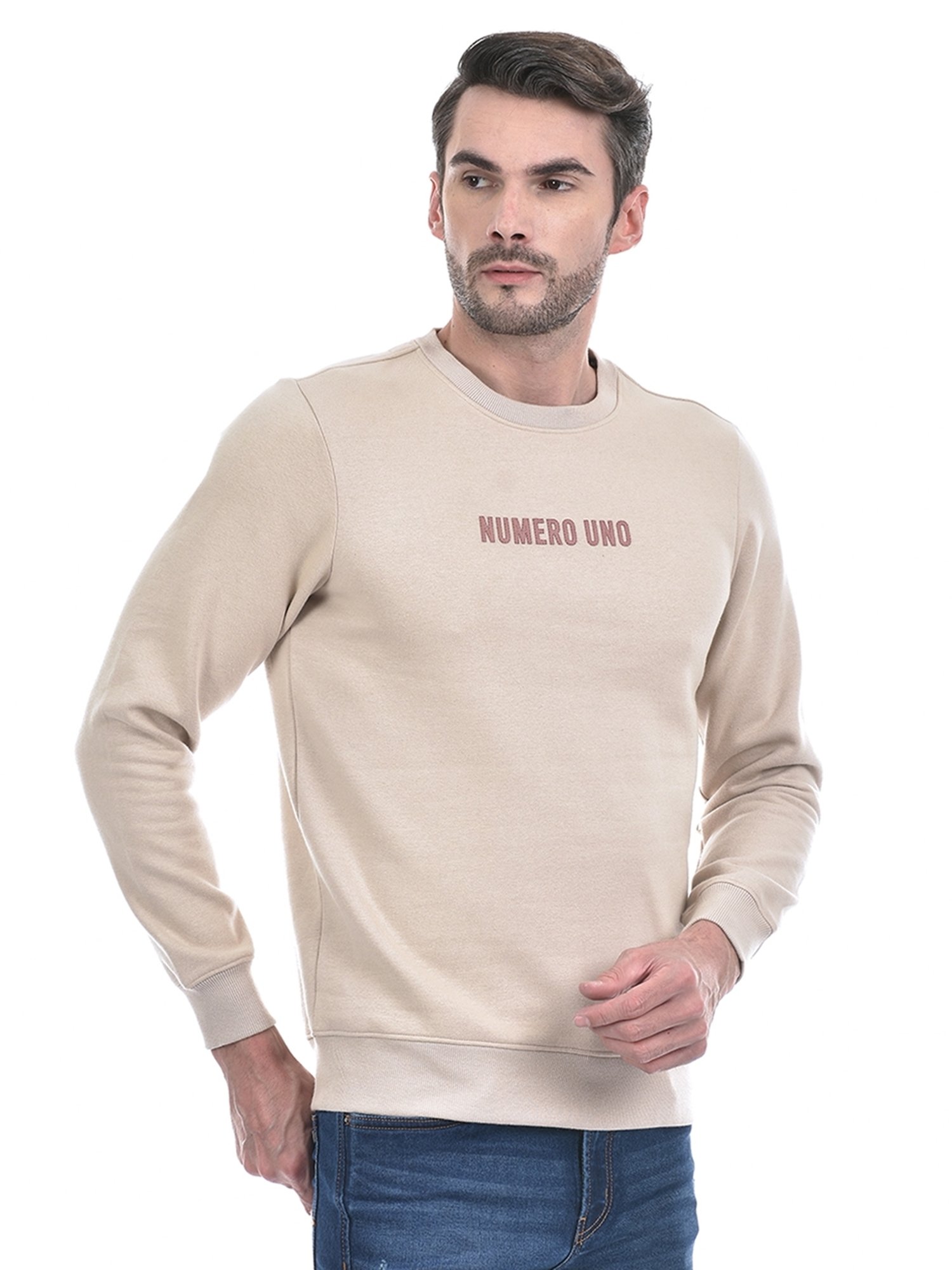 NUMERO UNO Beige Regular Fit Solid Round Neck Brushed Fleece Pullovers Sweatshirt