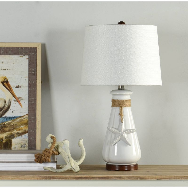 Serenity Seaside Ceramic Table Lamp with Starfish and Rope Detail White Shade White - StyleCraft